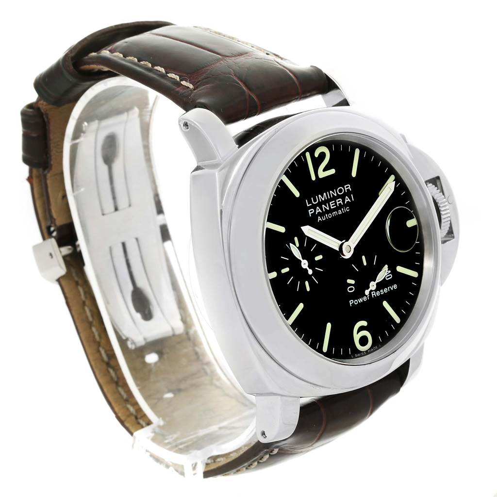 The Panerai Luminor PAM00090 Men's Stainless Steel Black Dial PAM00090 Men's Stainless Steel Black Dial watch is shown at an angle highlighting the face, crown guard, and partially the brown leather strap.