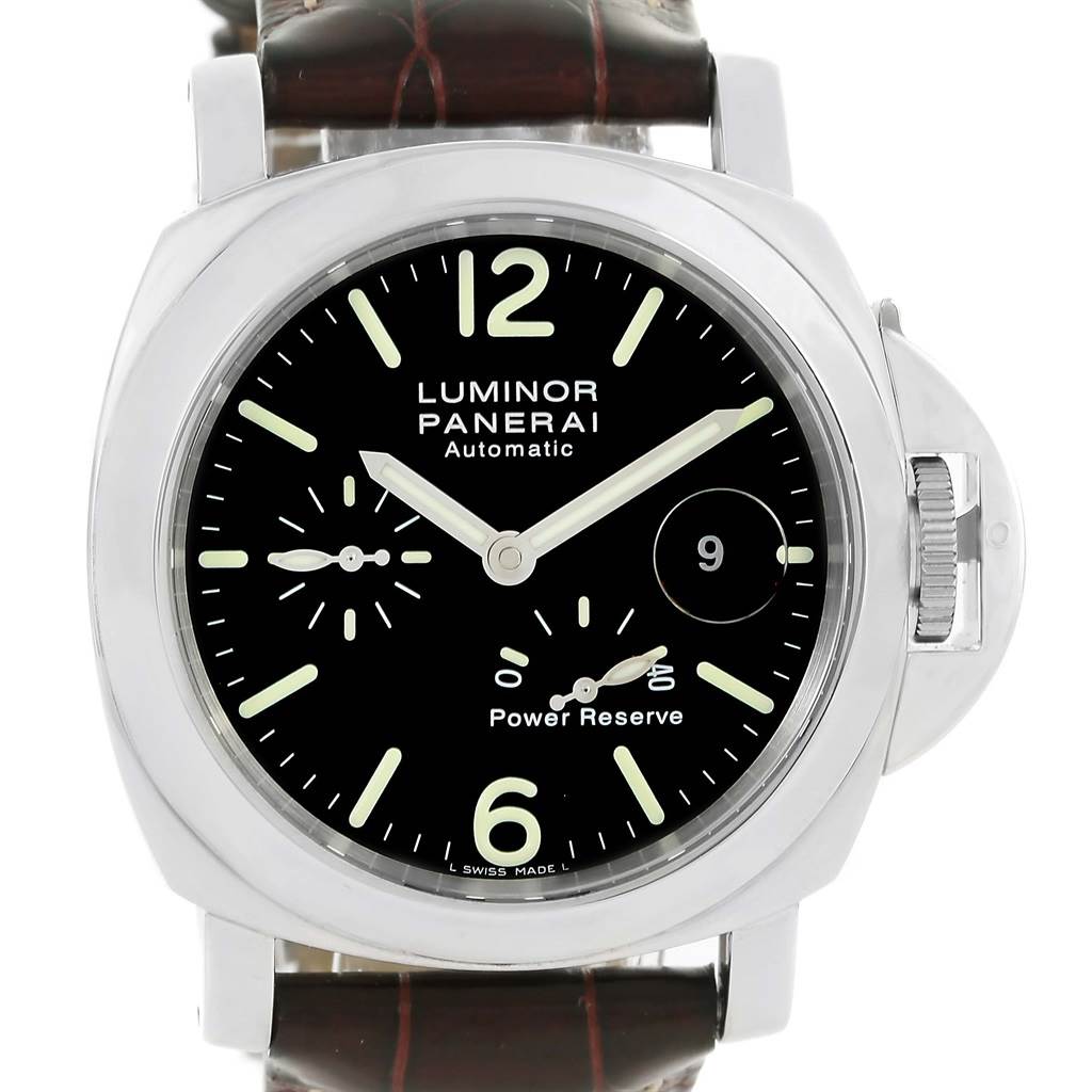 The image shows a front view of a Panerai Luminor PAM00090 Men's Stainless Steel Black Dial PAM00090 Men's Stainless Steel Black Dial watch, displaying its black dial, power reserve indicator, and subdials.