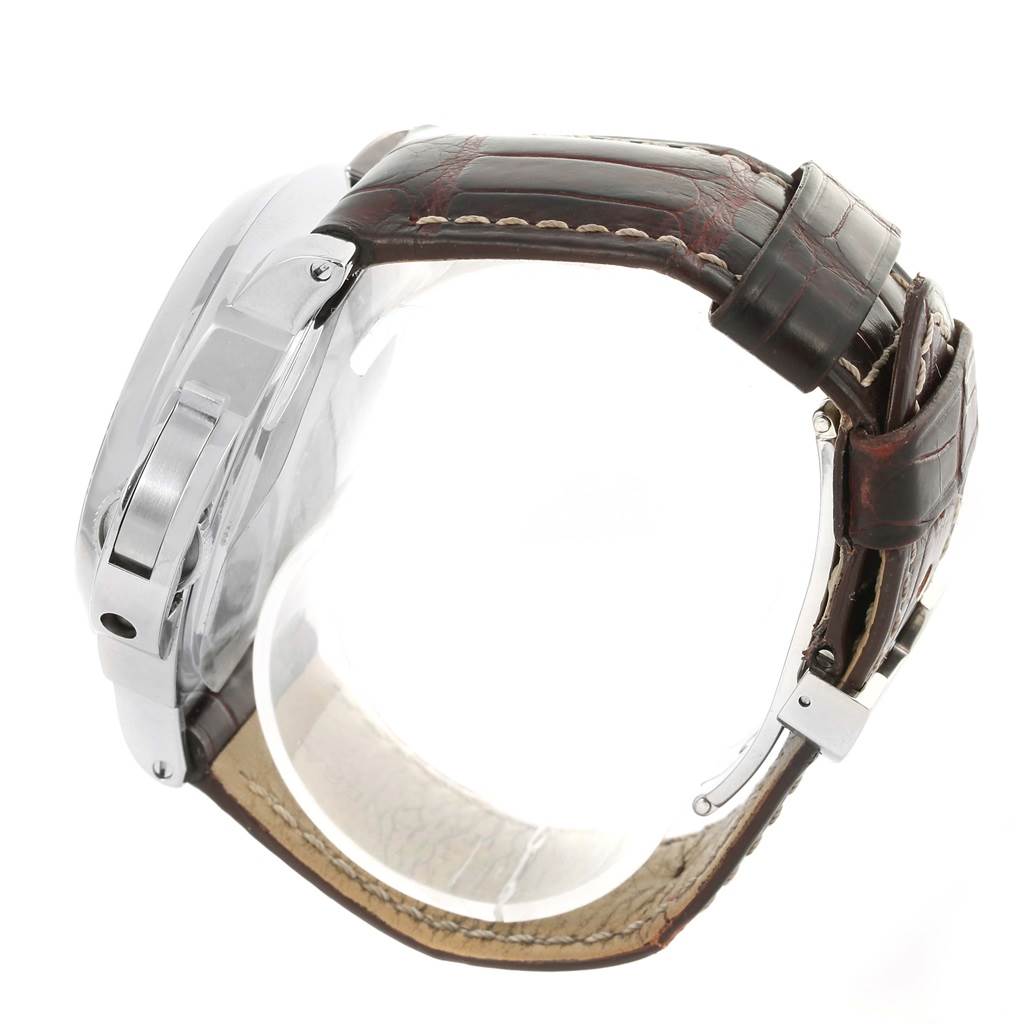 The image shows the side view of a Panerai Luminor PAM00090 Men's Stainless Steel Black Dial PAM00090 Men's Stainless Steel Black Dial watch, highlighting the case and brown leather strap with a clasp.