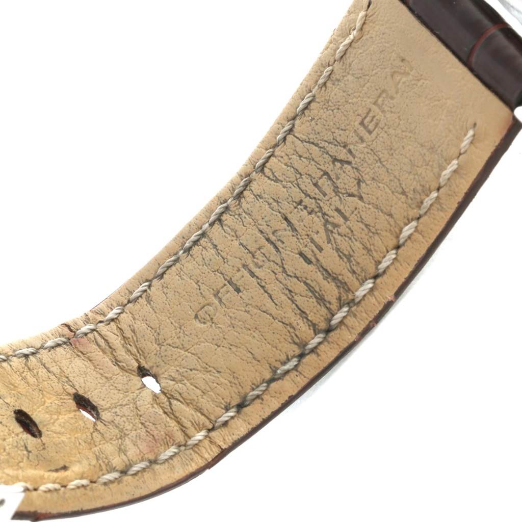 The image shows a close-up of the leather watch strap of a Panerai Luminor PAM00090 Men's Stainless Steel Black Dial PAM00090 Men's Stainless Steel Black Dial model.