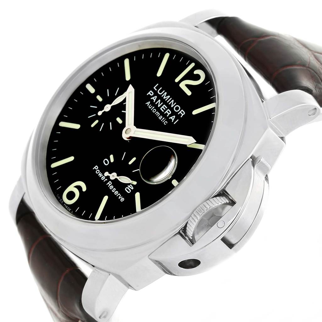 The image shows a side-angle view of a Panerai Luminor PAM00090 Men's Stainless Steel Black Dial PAM00090 Men's Stainless Steel Black Dial model watch, highlighting the dial, bezel, crown guard, and brown leather strap.