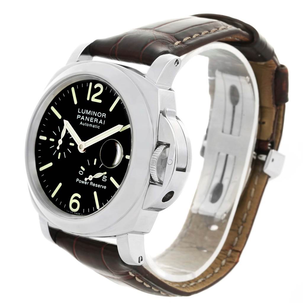 This image of the Panerai Luminor PAM00090 Men's Stainless Steel Black Dial PAM00090 Men's Stainless Steel Black Dial watch shows a front-side view, highlighting the dial, crown guard, and leather strap.