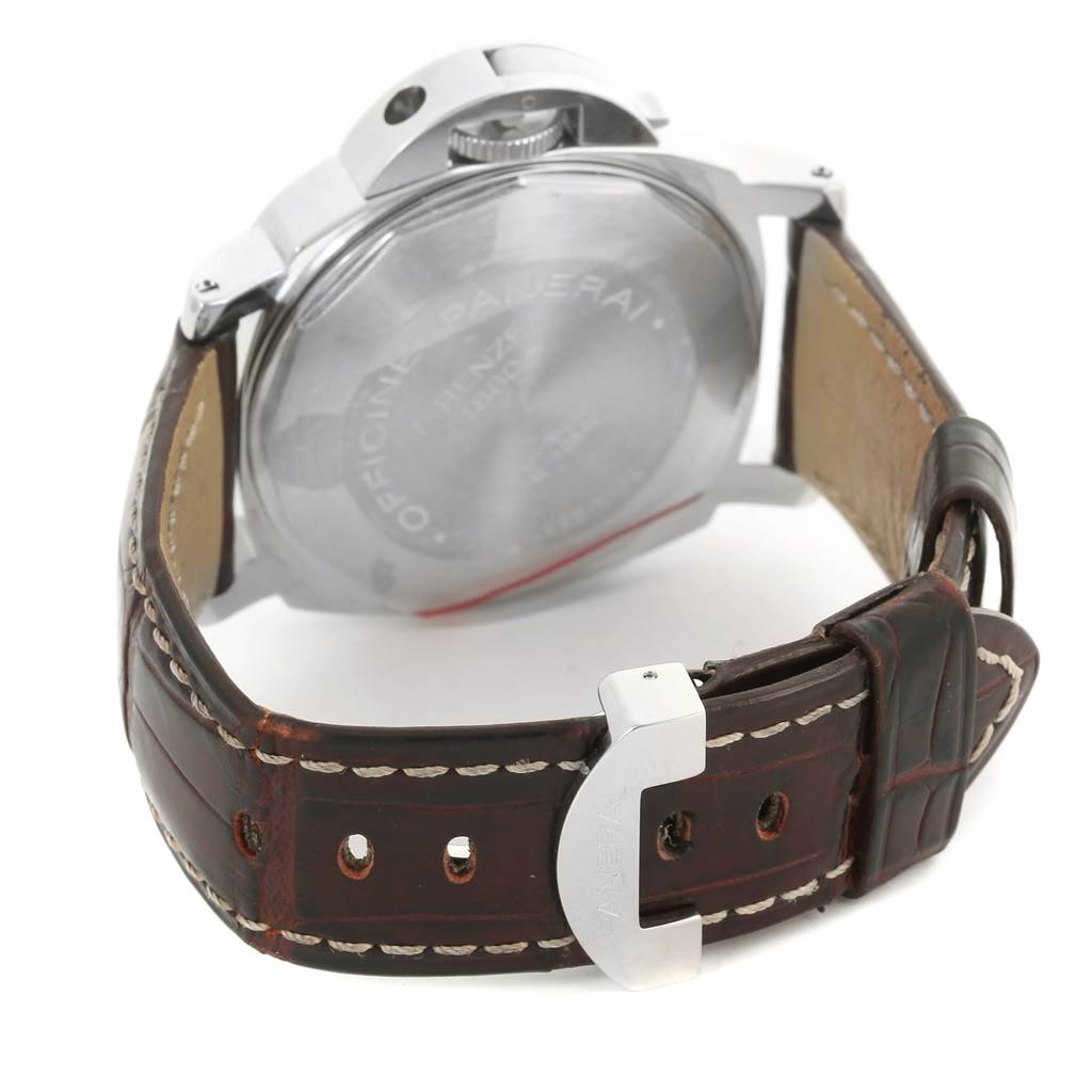 The image shows the back view of a Panerai Luminor PAM00090 Men's Stainless Steel Black Dial PAM00090 Men's Stainless Steel Black Dial watch, highlighting its case back and leather strap with a buckle.