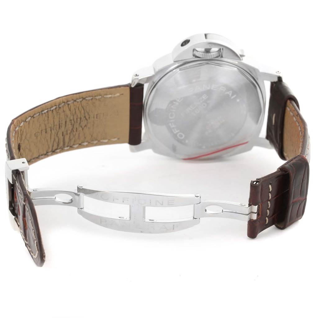 The image shows the back and clasp of a Panerai Luminor PAM00090 Men's Stainless Steel Black Dial PAM00090 Men's Stainless Steel Black Dial watch, emphasizing the leather strap and engraved clasp.