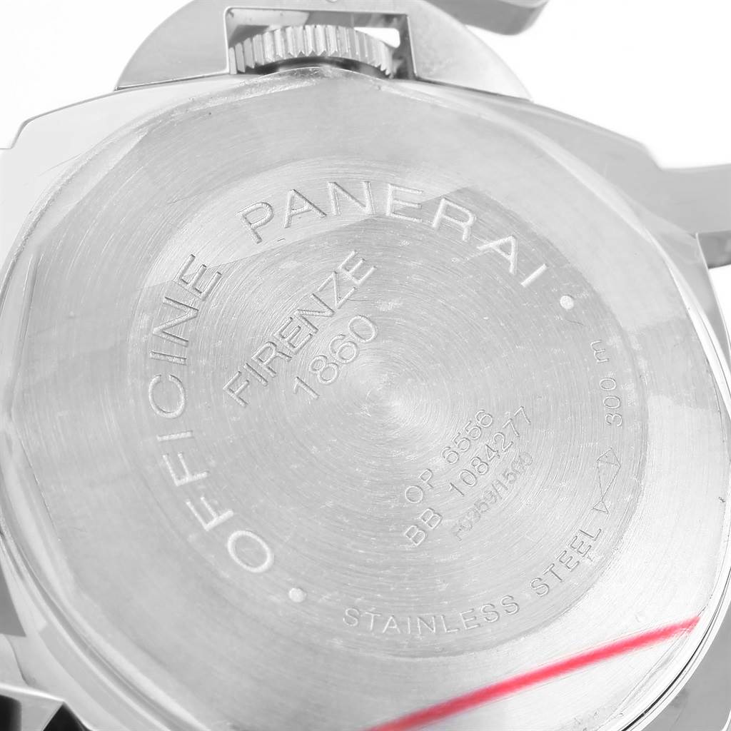 This image shows the back case of a Panerai Luminor PAM00090 Men's Stainless Steel Black Dial PAM00090 Men's Stainless Steel Black Dial watch, highlighting "OFFICINE PANERAI" and technical specifications.