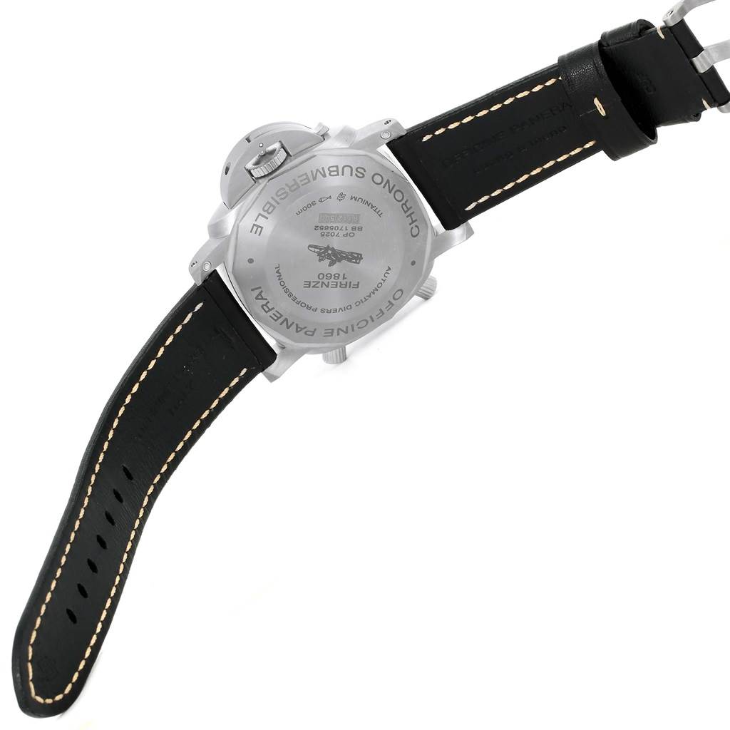 The image shows the back view of a Panerai Submersible PAM00615 Men's Titanium Black Dial PAM00615 Men's Titanium Black Dial watch, highlighting the case back and leather strap.