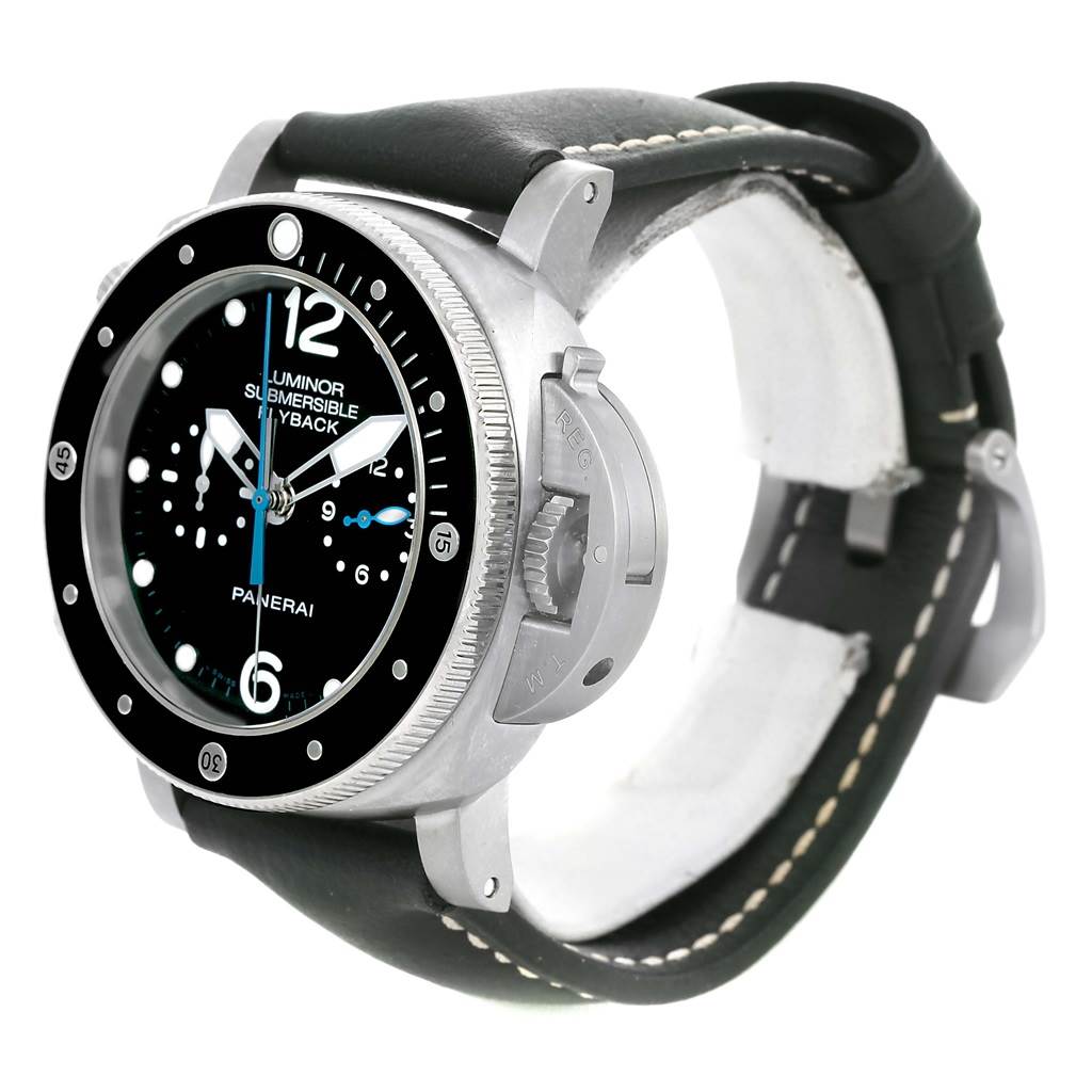 The image shows a Panerai Submersible PAM00615 Men's Titanium Black Dial PAM00615 Men's Titanium Black Dial watch at an angle highlighting the face, bezel, crown, and part of the strap.