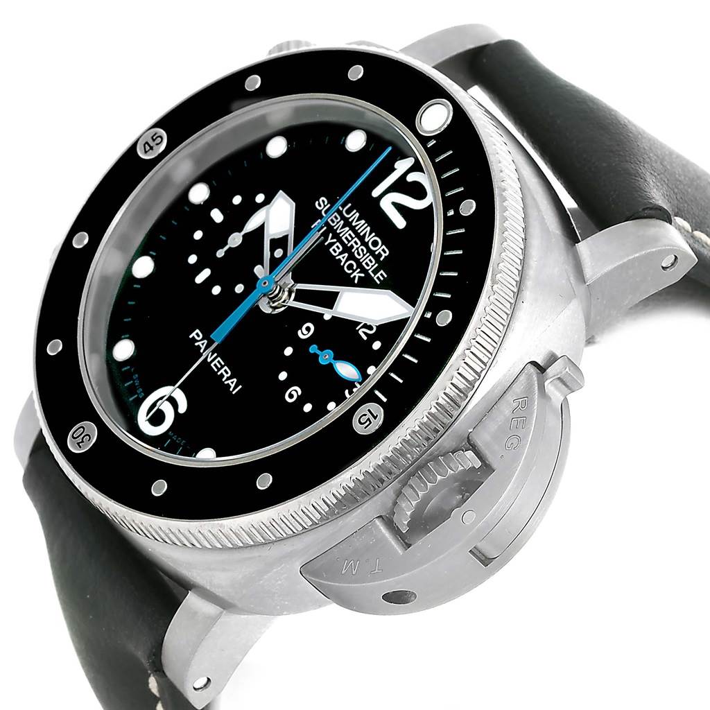 The image shows a Panerai Submersible PAM00615 Men's Titanium Black Dial PAM00615 Men's Titanium Black Dial watch at an oblique angle, highlighting the dial, bezel, and crown guard.