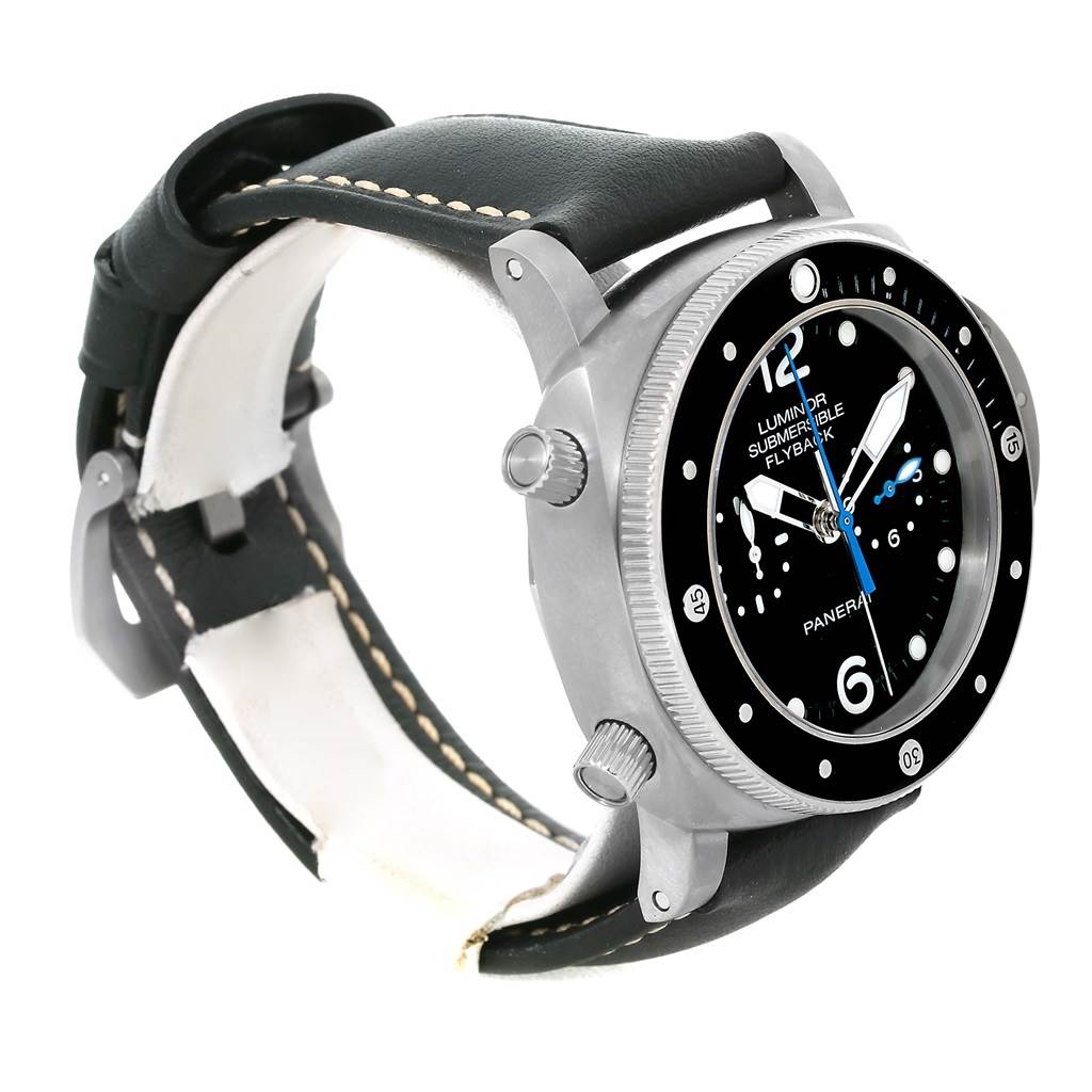 The image shows a side view of the Panerai Luminor Submersible watch, highlighting the face, bezel, crown, and leather strap.