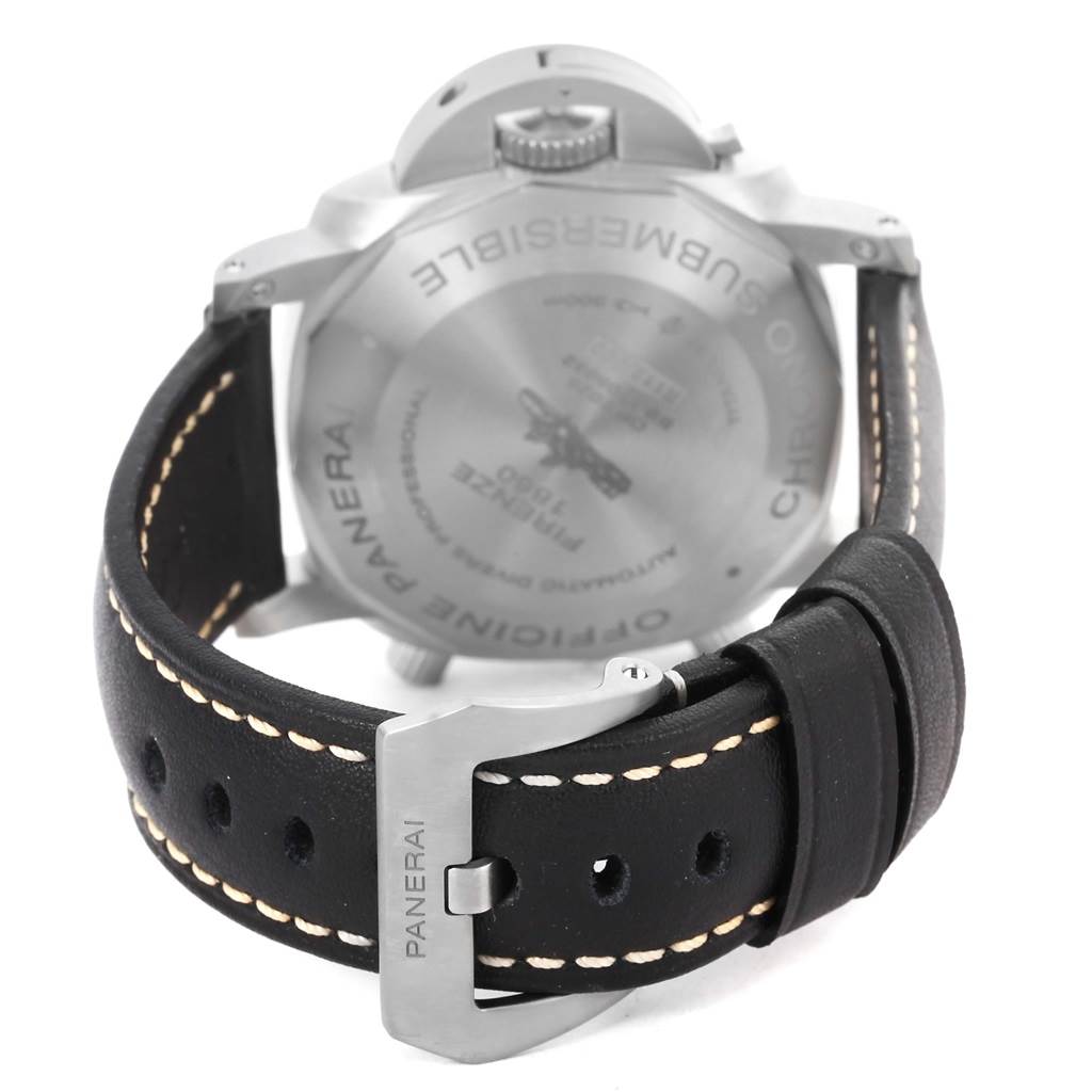 The image displays the back case and black leather strap of the Panerai Submersible PAM00615 Men's Titanium Black Dial PAM00615 Men's Titanium Black Dial watch at a rear angle.
