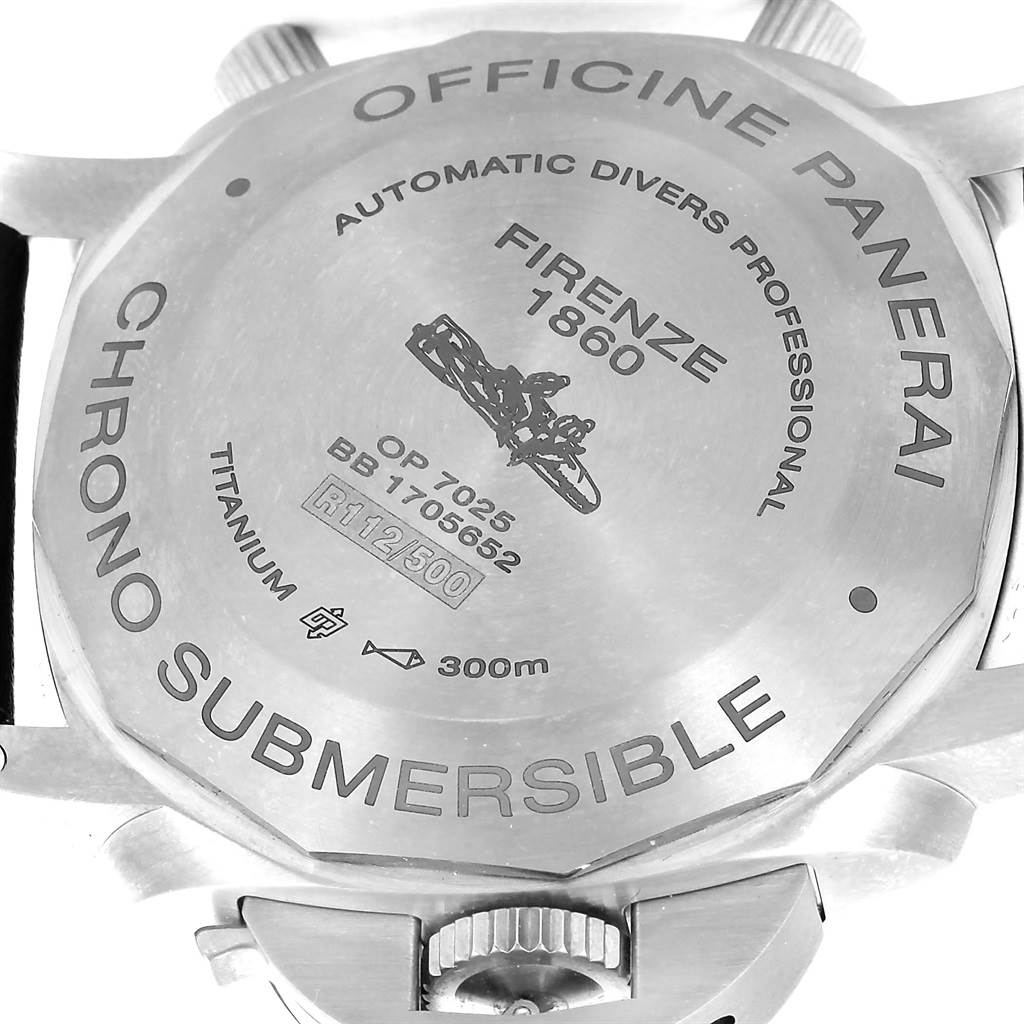 The image shows the back case of a Submersible model by Panerai, highlighting details like its titanium construction and water resistance.