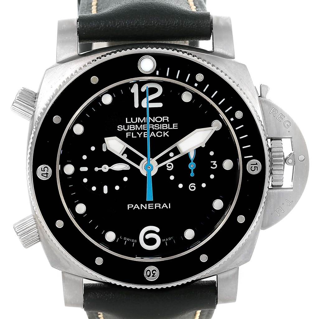 The image shows a front view of a Panerai Submersible PAM00615 Men's Titanium Black Dial PAM00615 Men's Titanium Black Dial model watch, highlighting the dial, bezel, and strap.