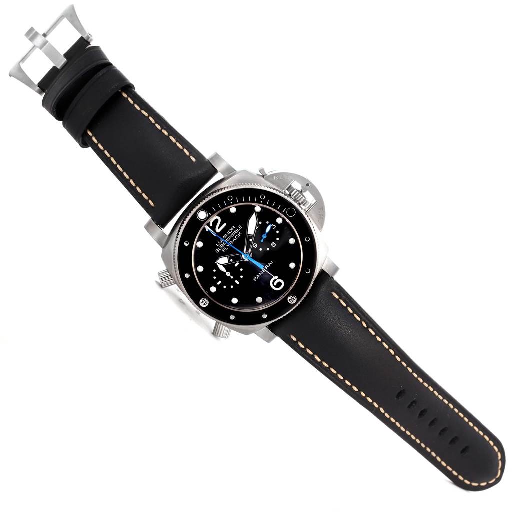 The image shows a Panerai Submersible PAM00615 Men's Titanium Black Dial PAM00615 Men's Titanium Black Dial watch angled from above, highlighting its black dial, bezel, and leather strap.