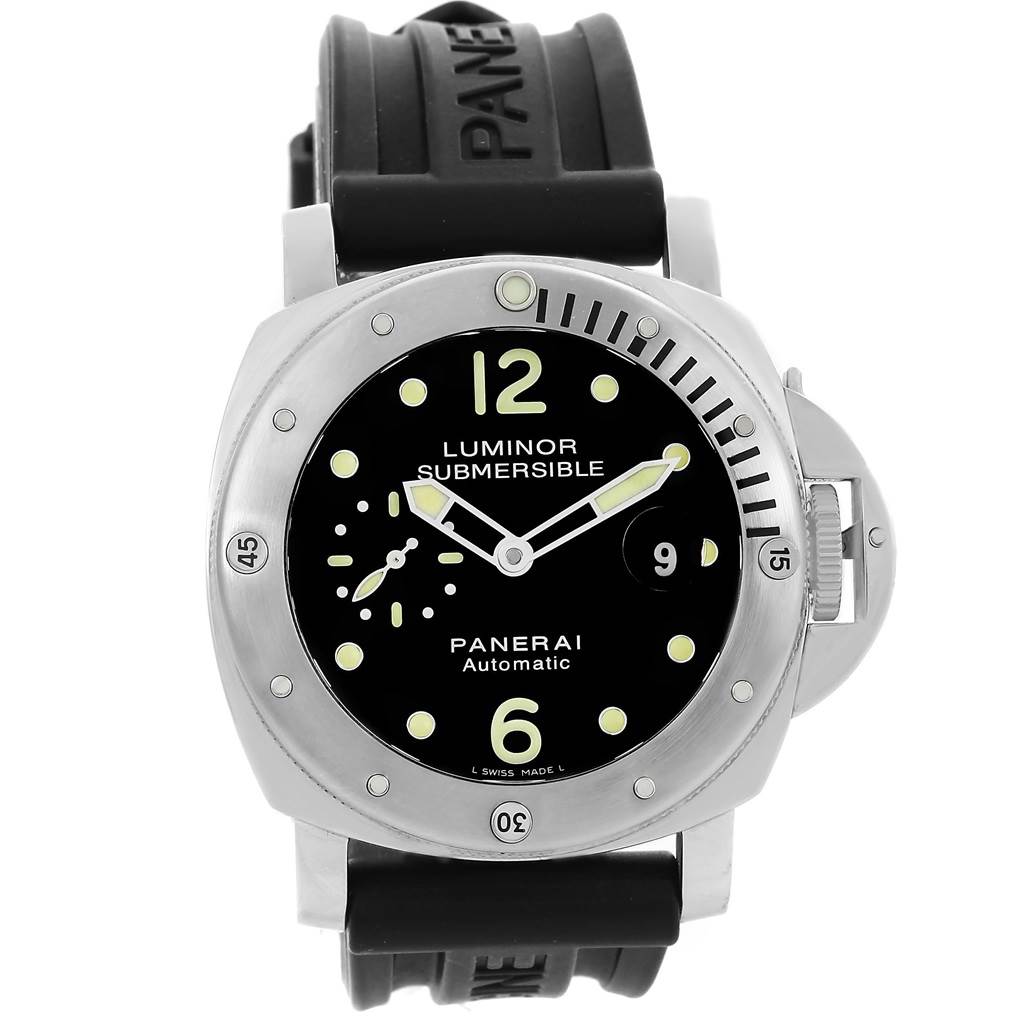 This image shows a front view of the Panerai Luminor Submersible watch, highlighting the dial and bezel.