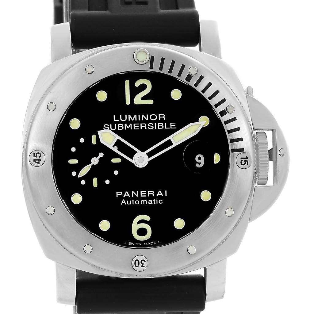 This is a front view of the Panerai Submersible PAM00024 Men's Titanium Black Dial PAM00024 Men's Titanium Black Dial watch showing the dial, bezel, and part of the strap.
