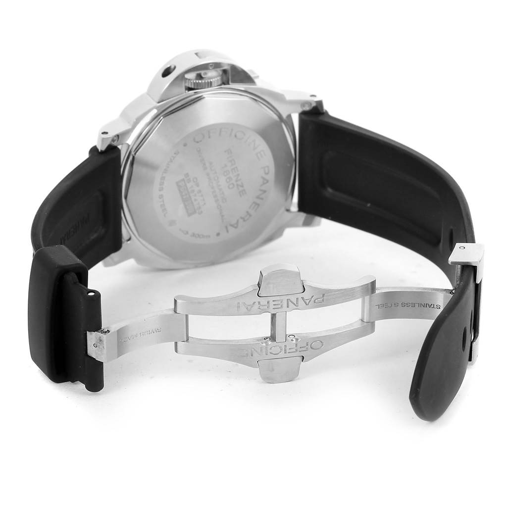 This image shows the back of a Panerai Submersible PAM00024 Men's Titanium Black Dial PAM00024 Men's Titanium Black Dial watch and its open clasp, revealing the brand name and watch back details.