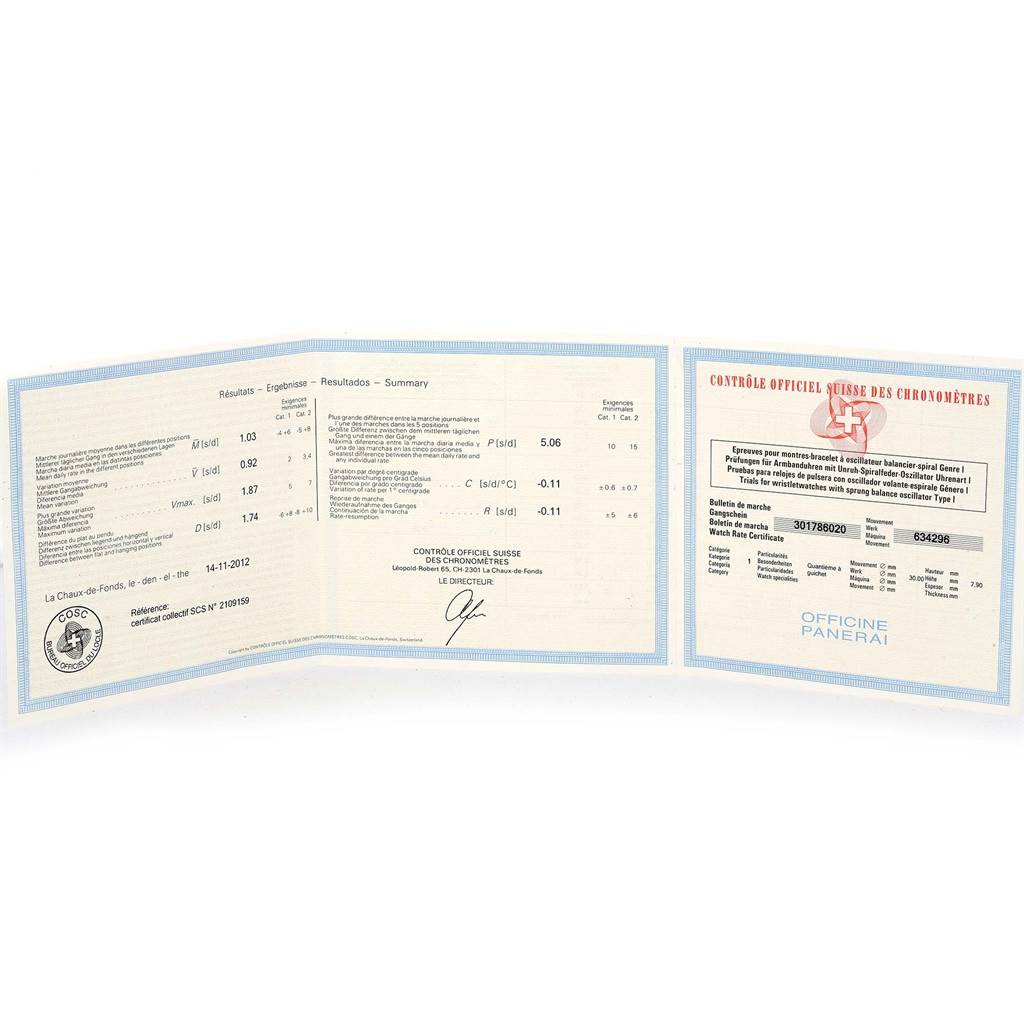 The image shows a folded COSC certification paper for a Panerai Submersible PAM00024 Men's Titanium Black Dial PAM00024 Men's Titanium Black Dial watch, displayed fully opened.