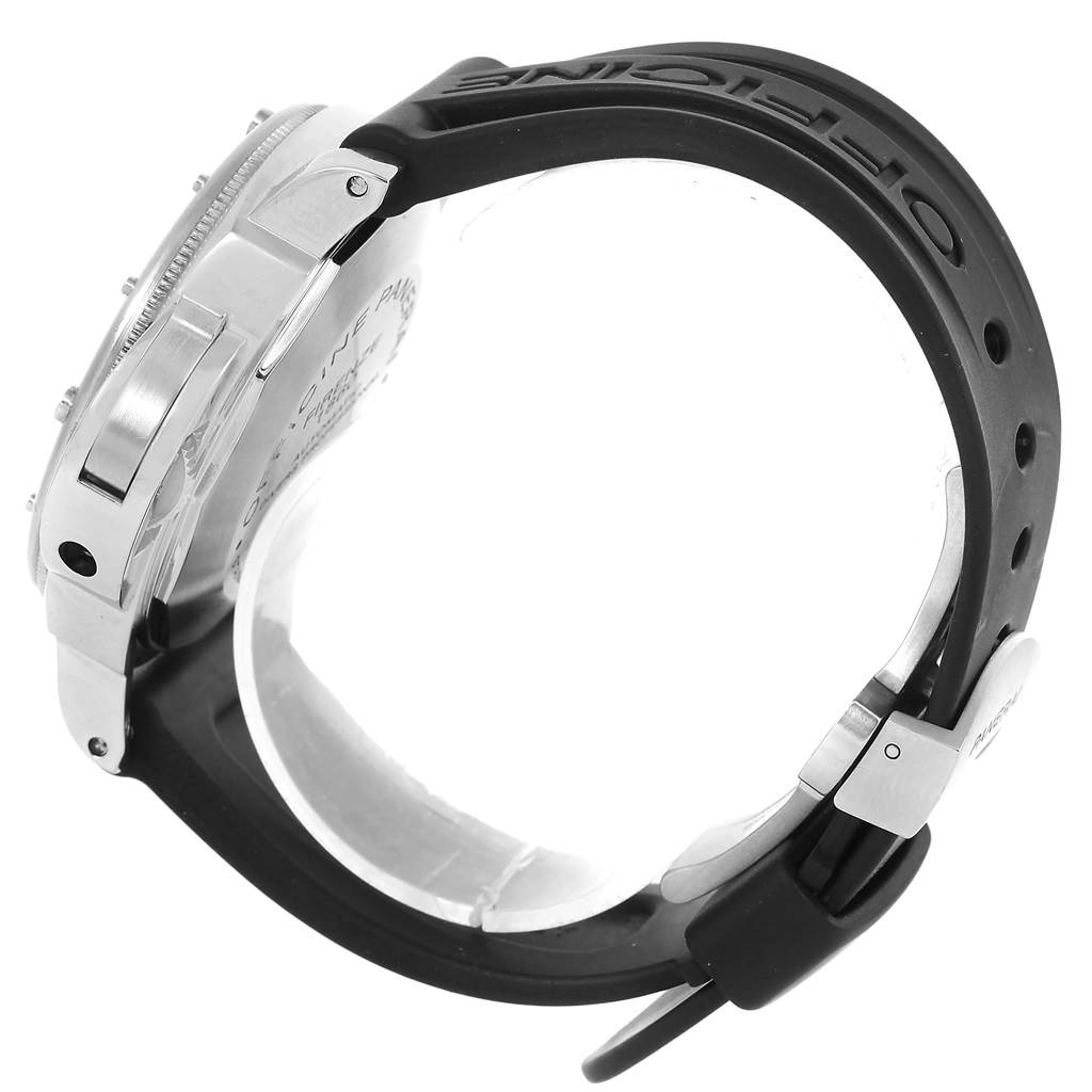 The image shows the side view of the Panerai Submersible PAM00024 Men's Titanium Black Dial PAM00024 Men's Titanium Black Dial model watch, showcasing the case, lugs, and rubber strap with a buckle.