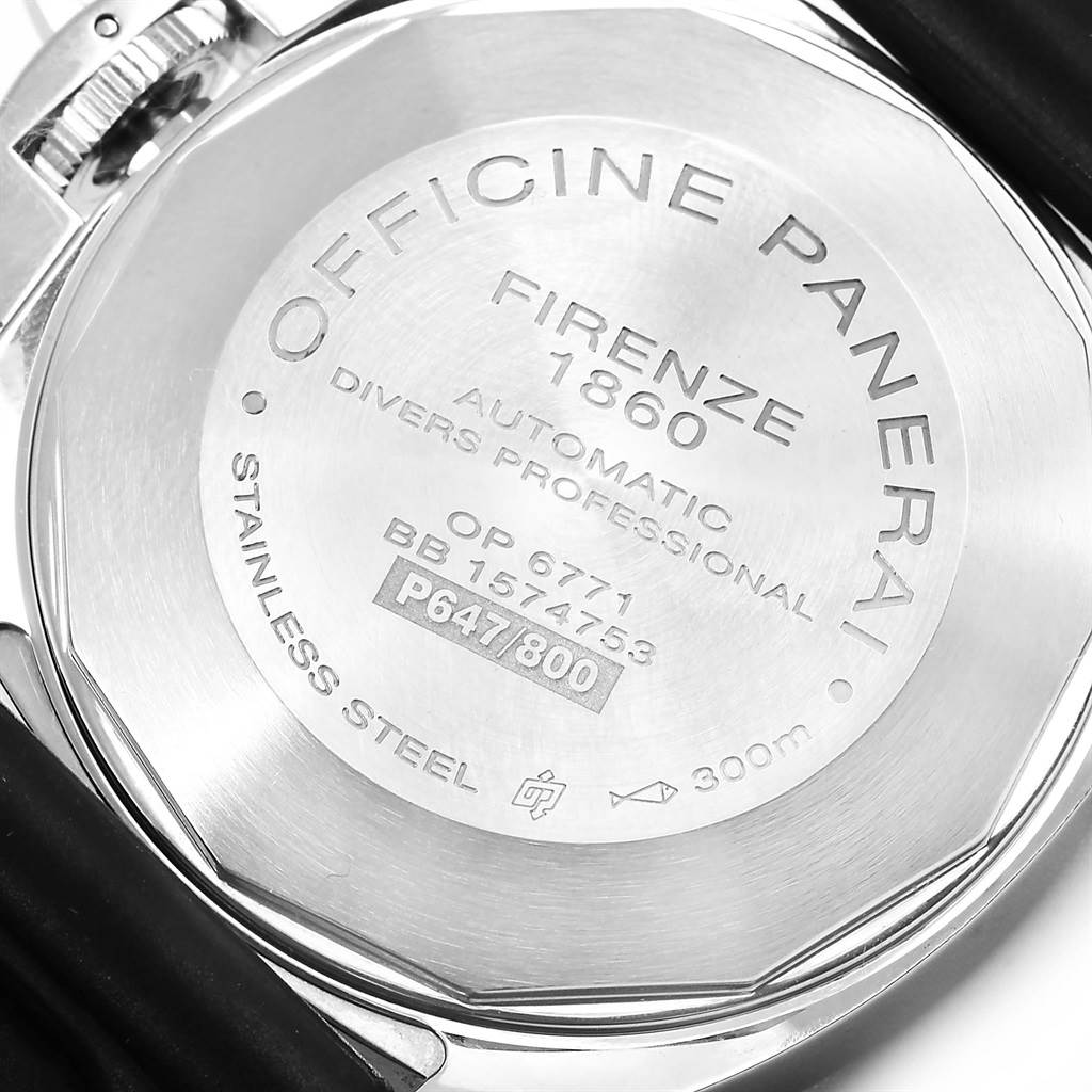 The image shows the rear case of a Panerai Submersible PAM00024 Men's Titanium Black Dial PAM00024 Men's Titanium Black Dial watch, highlighting the engraved specifications and serial number.