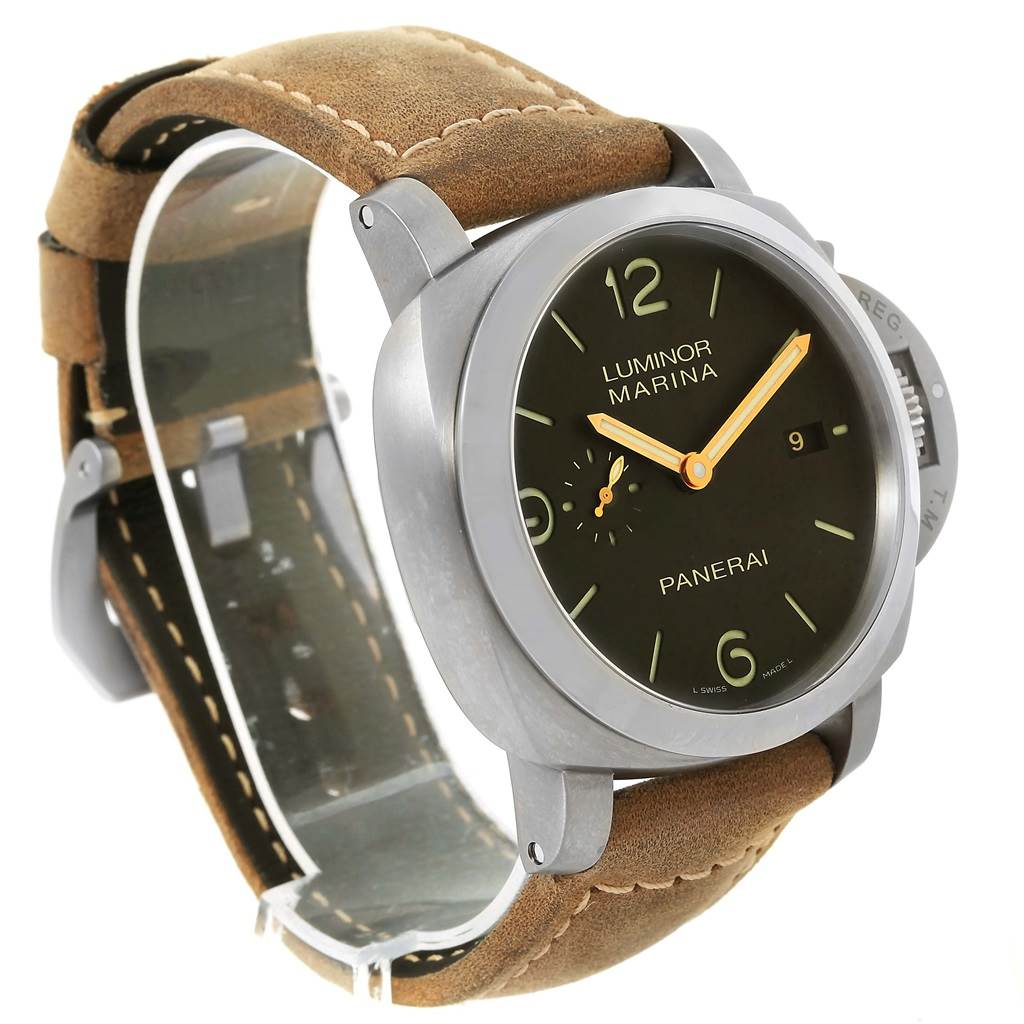 The image depicts a side and angled view of a Panerai Luminor PAM00351 Men's Titanium Black Dial PAM00351 Men's Titanium Black Dial model, highlighting its beige strap and black dial.