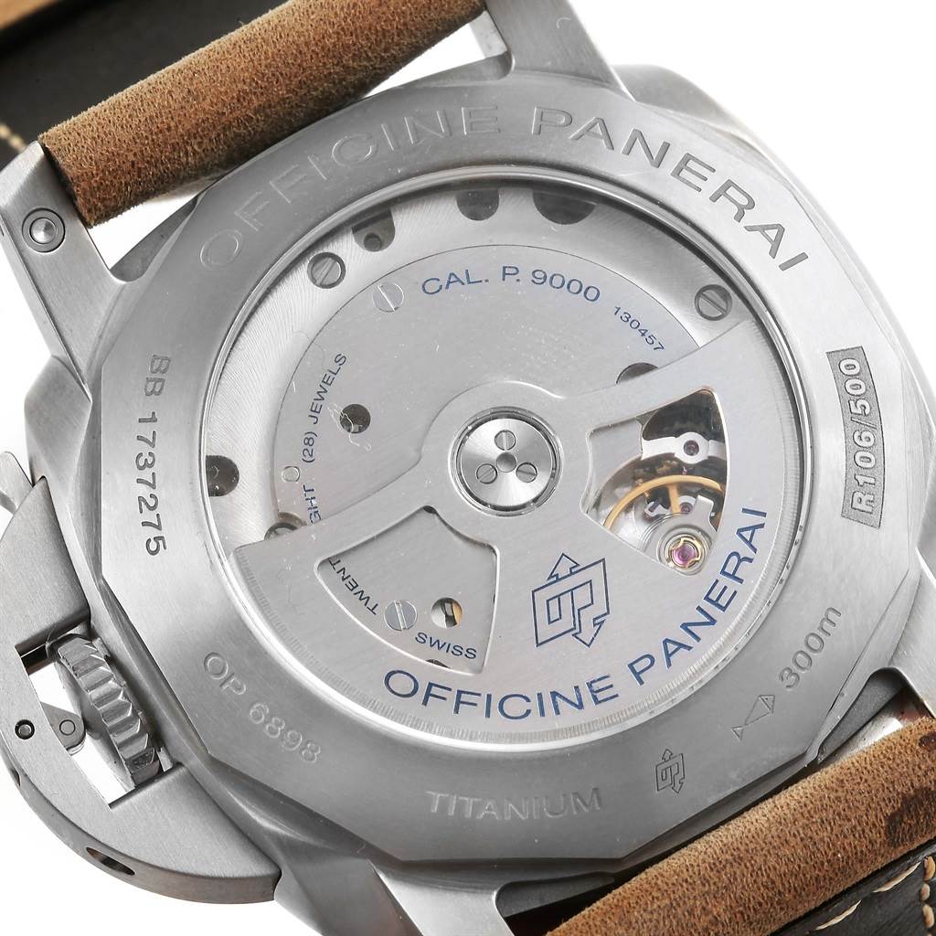 The image shows the back of a Panerai Luminor PAM00351 Men's Titanium Black Dial PAM00351 Men's Titanium Black Dial watch, highlighting the movement mechanism and engravings.