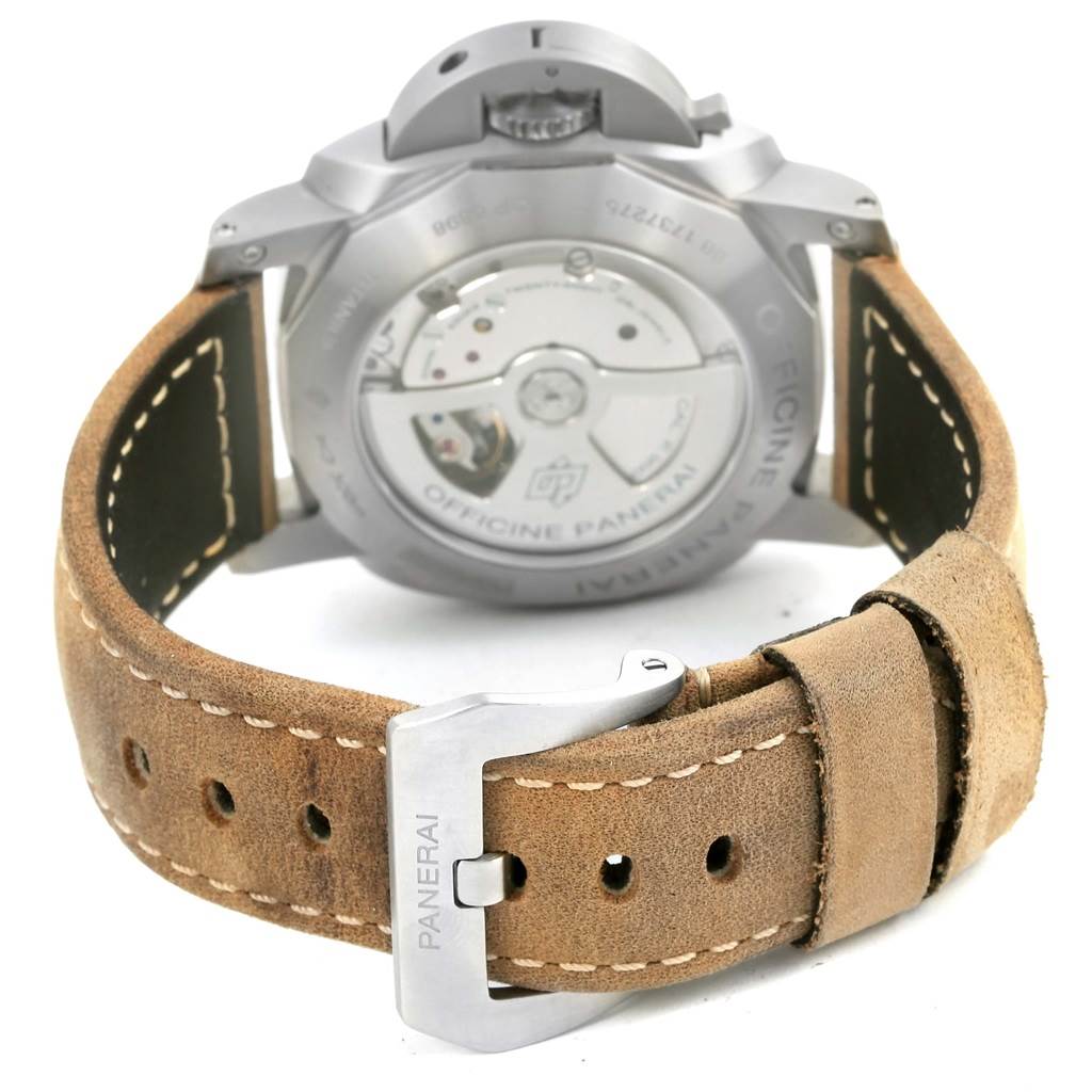 The image shows the back view of a Panerai Luminor PAM00351 Men's Titanium Black Dial PAM00351 Men's Titanium Black Dial watch, highlighting the case back and leather strap with buckle.