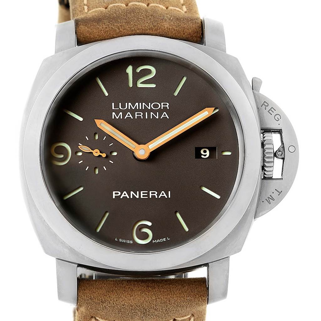 The image shows a front view of a Panerai Luminor PAM00351 Men's Titanium Black Dial PAM00351 Men's Titanium Black Dial Marina watch, highlighting its dial, case, and tan leather strap.