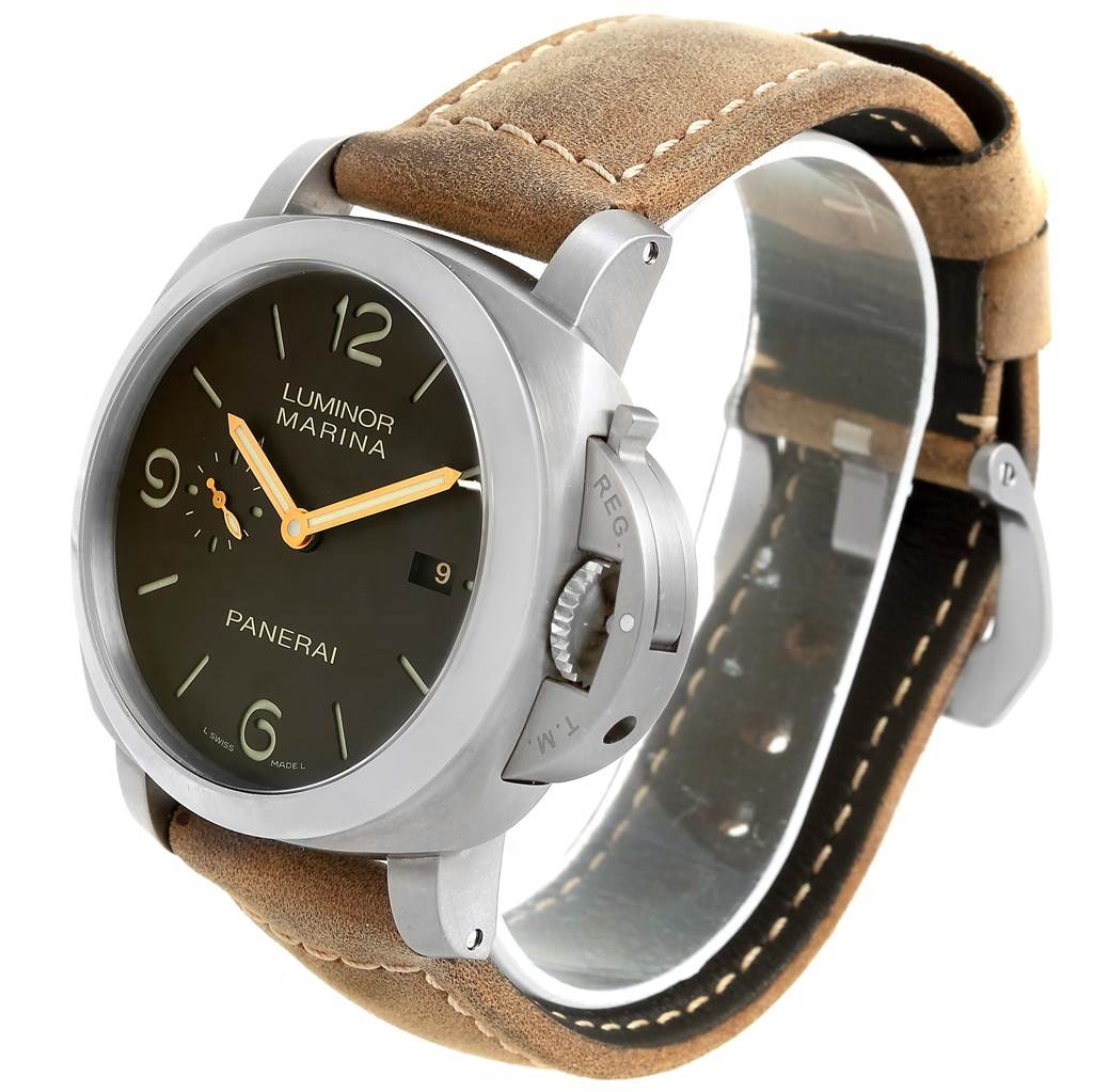 The image shows a Panerai Luminor PAM00351 Men's Titanium Black Dial PAM00351 Men's Titanium Black Dial Marina watch at an angle highlighting its face, crown guard, bezel, and brown leather strap.