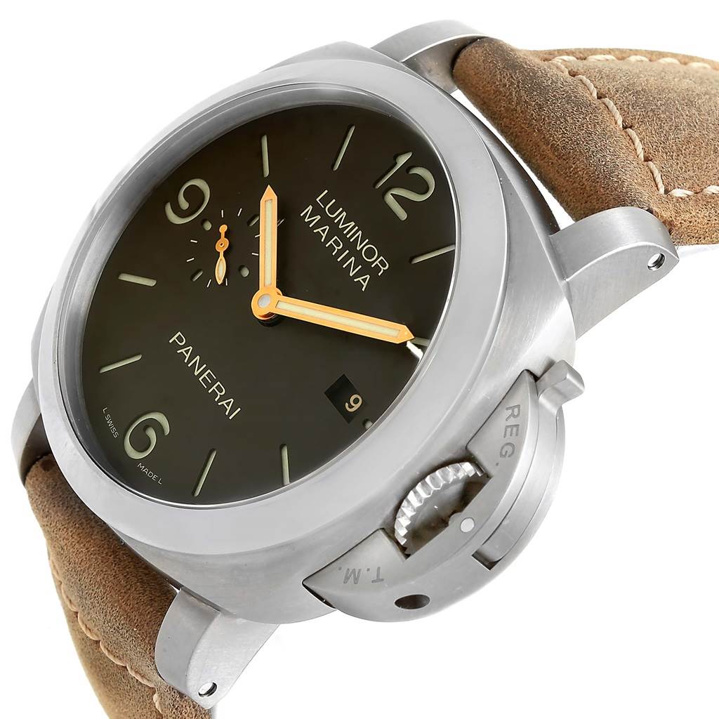 The image shows a Panerai Luminor PAM00351 Men's Titanium Black Dial PAM00351 Men's Titanium Black Dial Marina watch at an angled close-up, highlighting the dial, crown guard, and leather strap.