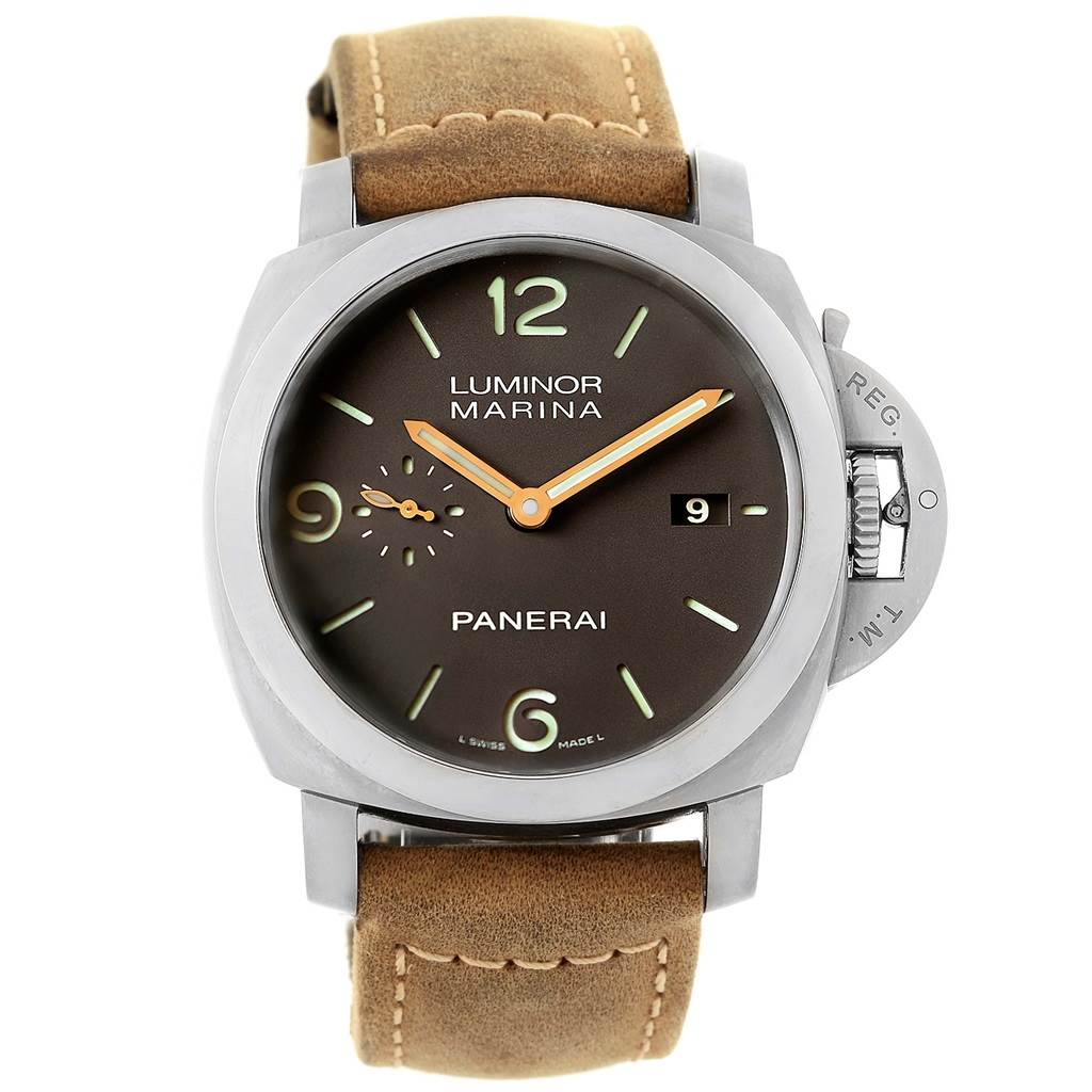 The image shows a front view of a Panerai Luminor PAM00351 Men's Titanium Black Dial PAM00351 Men's Titanium Black Dial watch, displaying its dial, hands, date window, and leather strap.