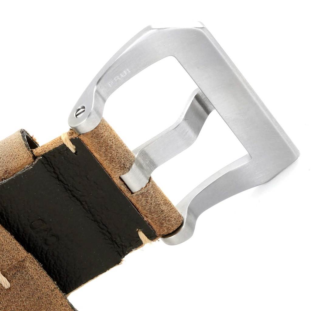 This image shows a close-up view of the buckle and leather strap of a Panerai Luminor PAM00351 Men's Titanium Black Dial PAM00351 Men's Titanium Black Dial watch.