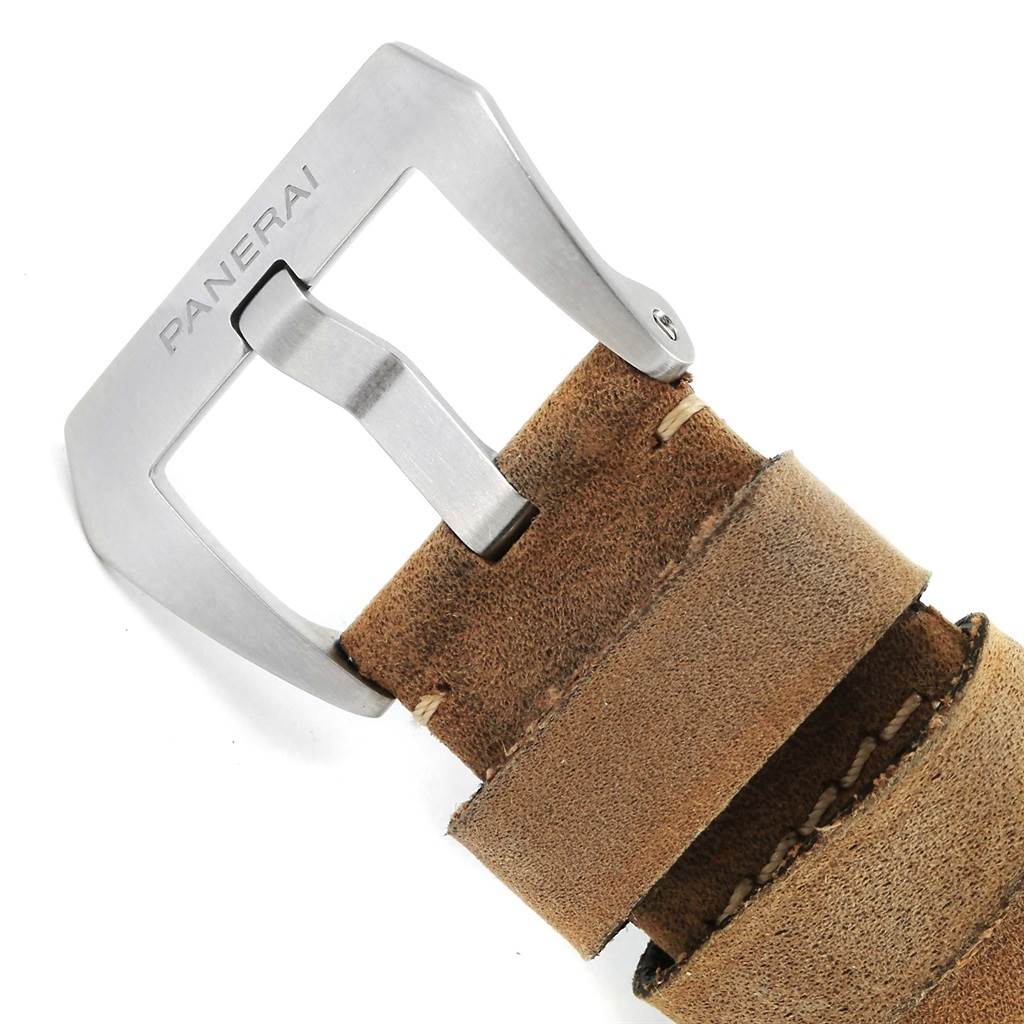 This image shows the buckle and part of the leather strap of a Panerai Luminor PAM00351 Men's Titanium Black Dial PAM00351 Men's Titanium Black Dial watch from a top-down angle.