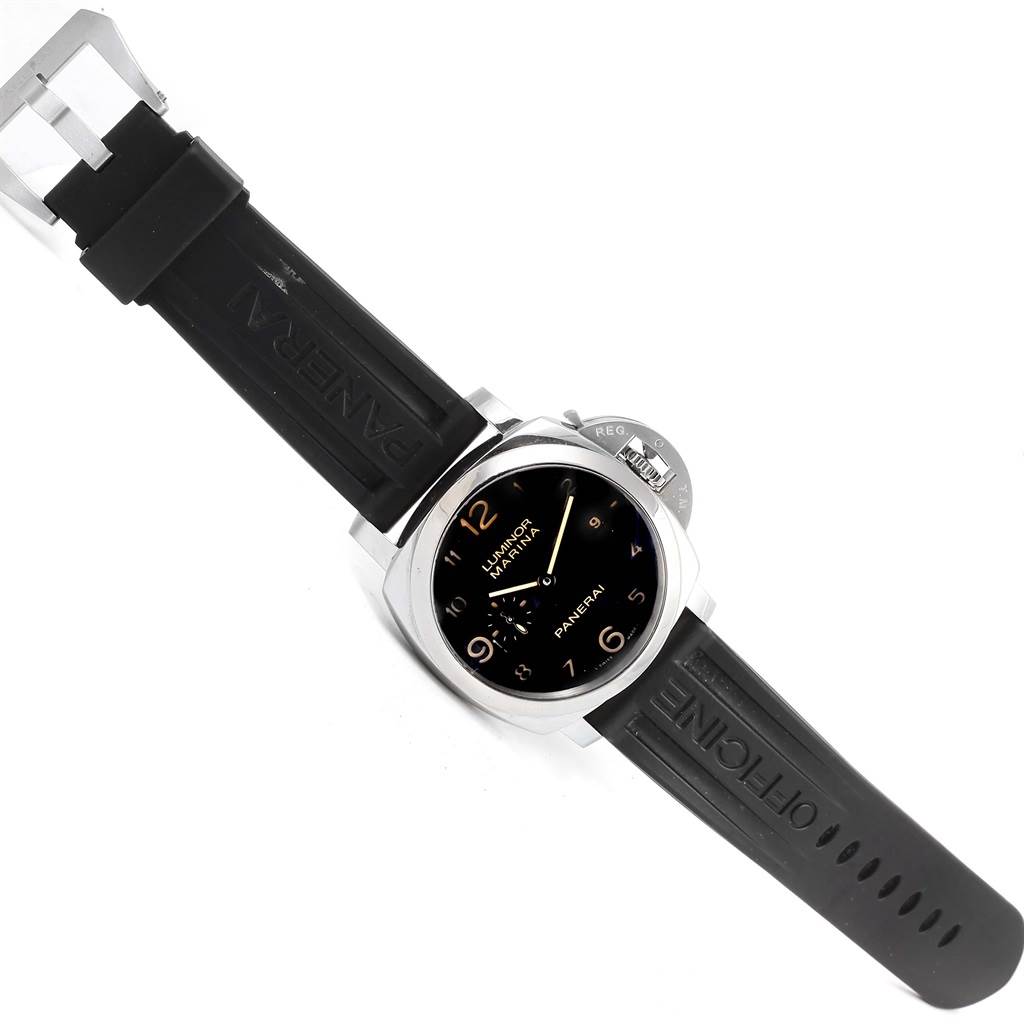 The image shows a top-down view of a Panerai Luminor PAM00359 Men
s Stainless Steel Black Dial PAM00359 Men
s Stainless Steel Black Dial watch, highlighting its dial, bezel, crown guard, and rubber strap.