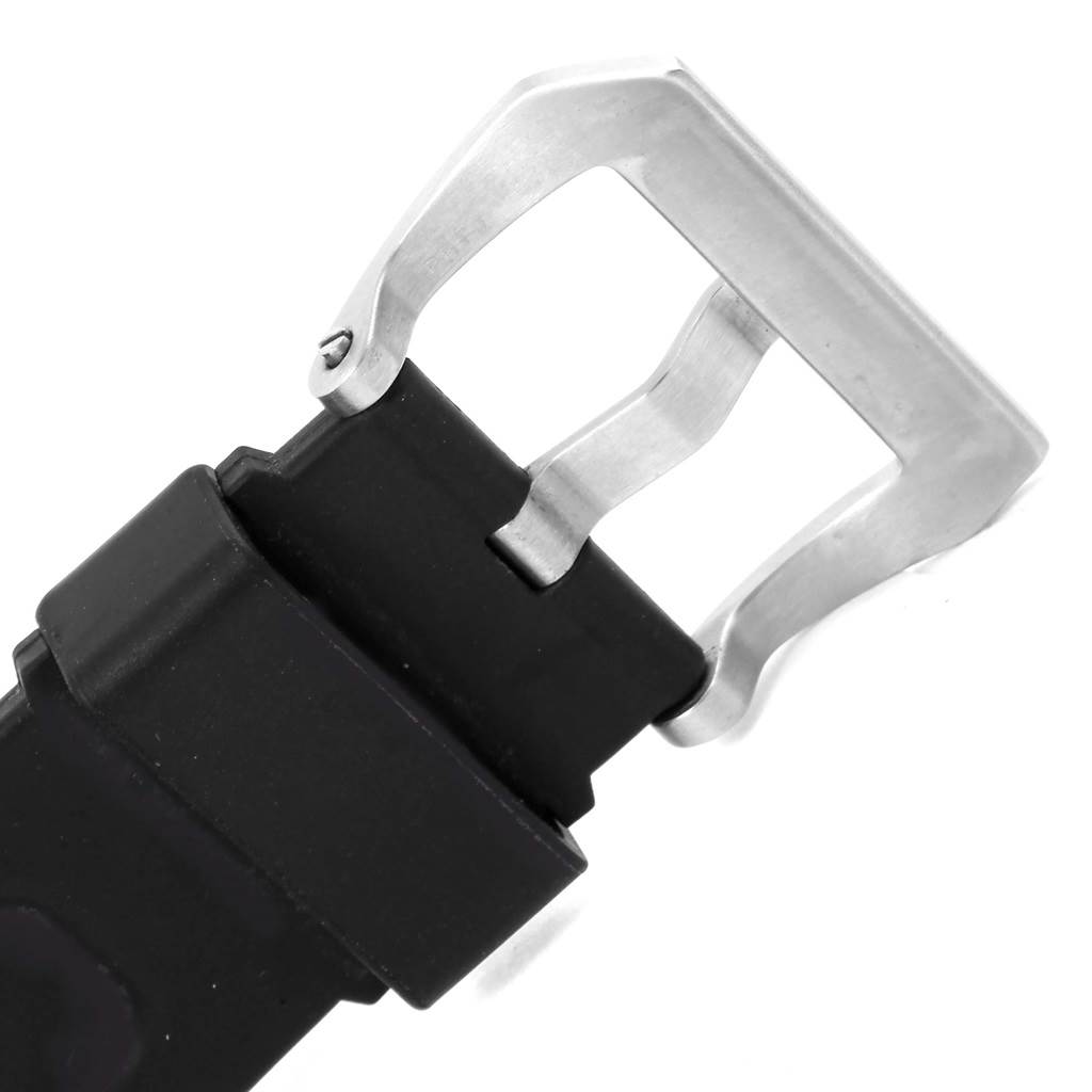 This image shows the buckle and a portion of the rubber strap for a Panerai Luminor PAM00359 Men
s Stainless Steel Black Dial PAM00359 Men
s Stainless Steel Black Dial watch.