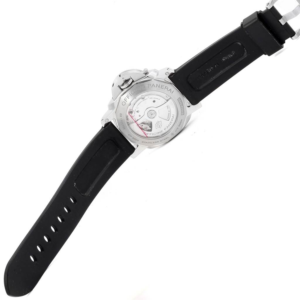 The image shows the back view of a Panerai Luminor PAM00359 Men
s Stainless Steel Black Dial PAM00359 Men
s Stainless Steel Black Dial watch, highlighting the case back and black strap with a buckle.