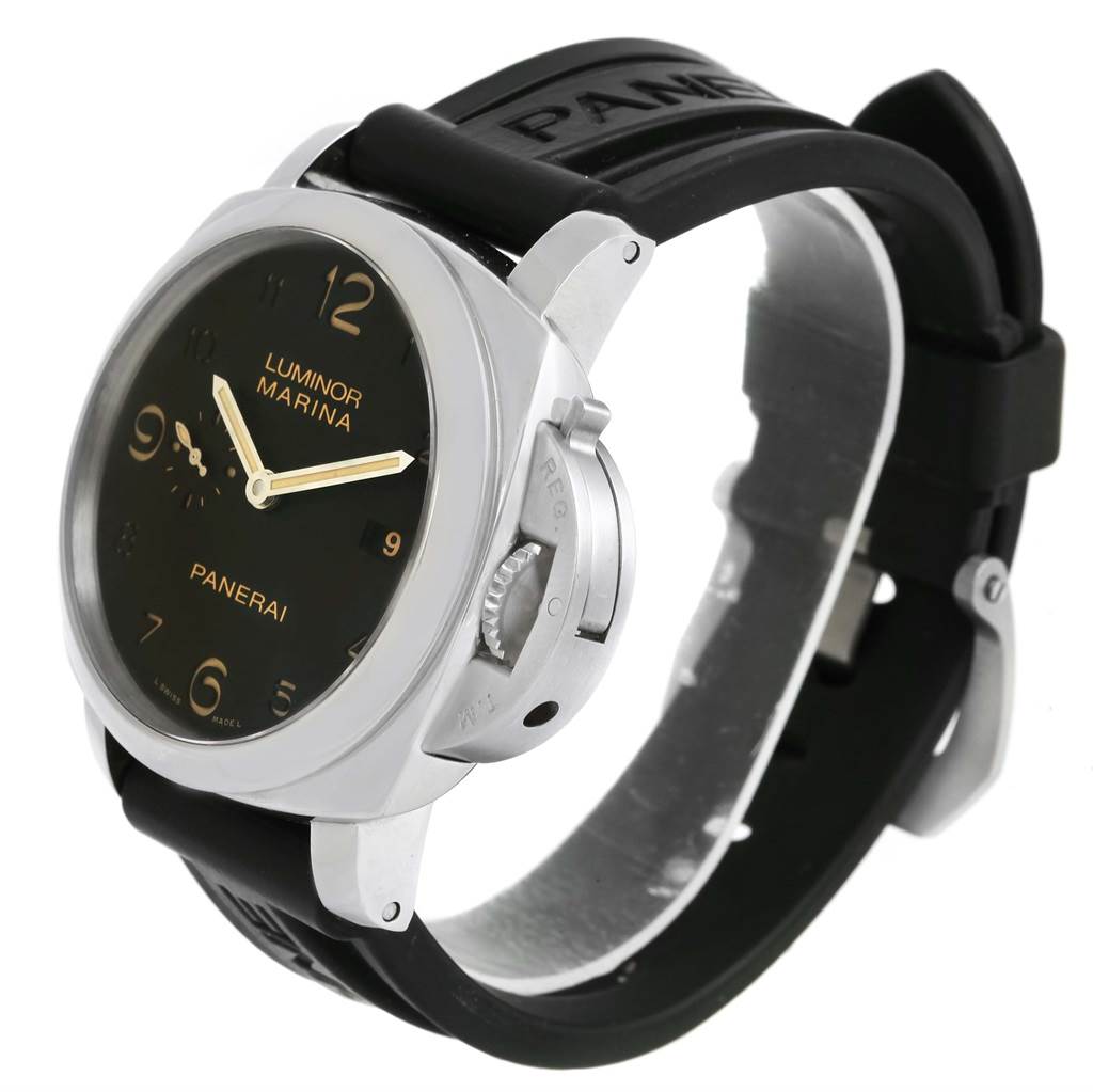 The image shows a Panerai Luminor PAM00359 Men
s Stainless Steel Black Dial PAM00359 Men
s Stainless Steel Black Dial watch at a three-quarter angle, highlighting its face, crown guard, and black strap.