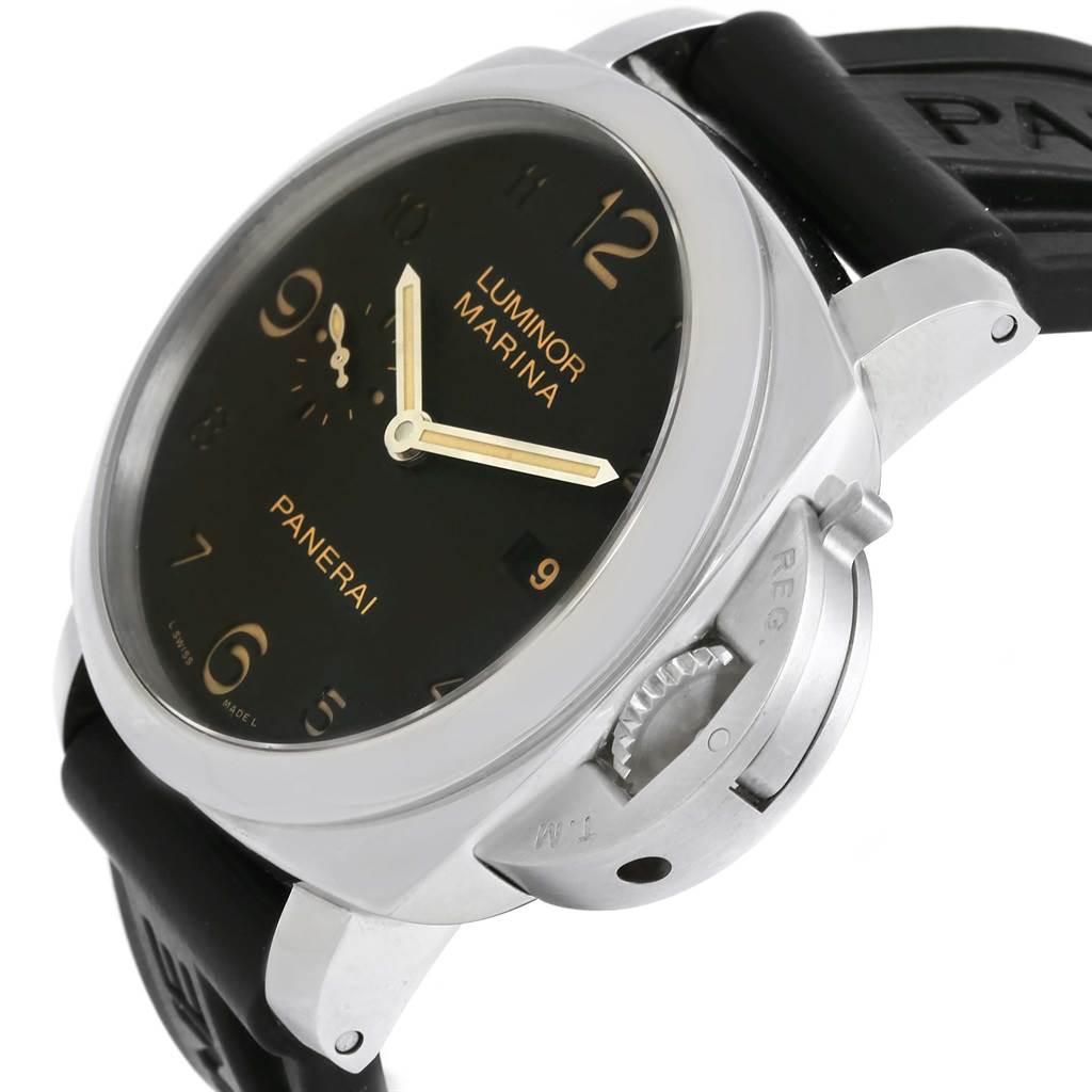 The image displays a Luminor model by Panerai from a front-side angle, highlighting the dial, crown guard, and strap.