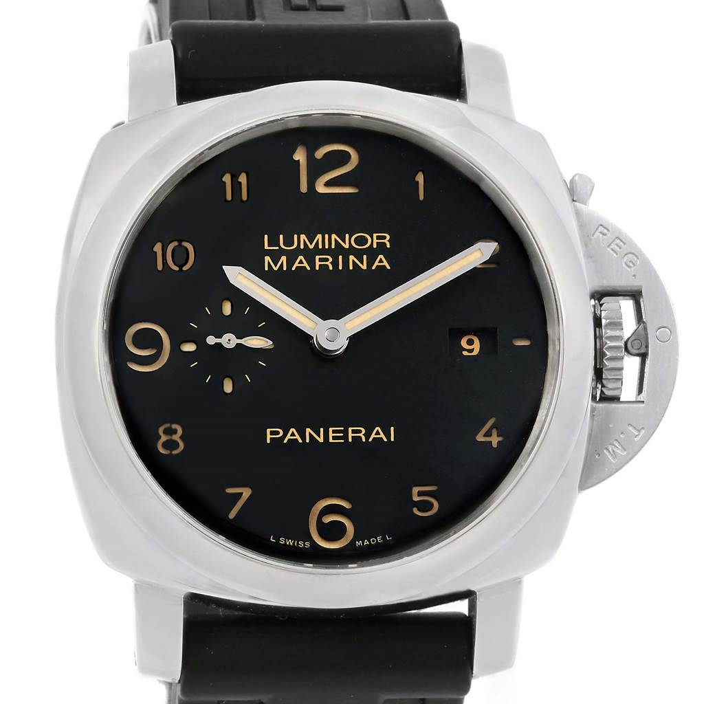 The image shows the front view of a Panerai Luminor PAM00359 Men
s Stainless Steel Black Dial PAM00359 Men
s Stainless Steel Black Dial Marina watch, highlighting its dial and crown guard.