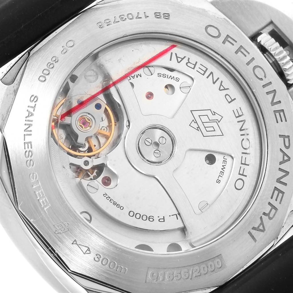 This image shows the back of a Panerai Luminor PAM00359 Men
s Stainless Steel Black Dial PAM00359 Men
s Stainless Steel Black Dial watch, highlighting the internal mechanics and branding details.