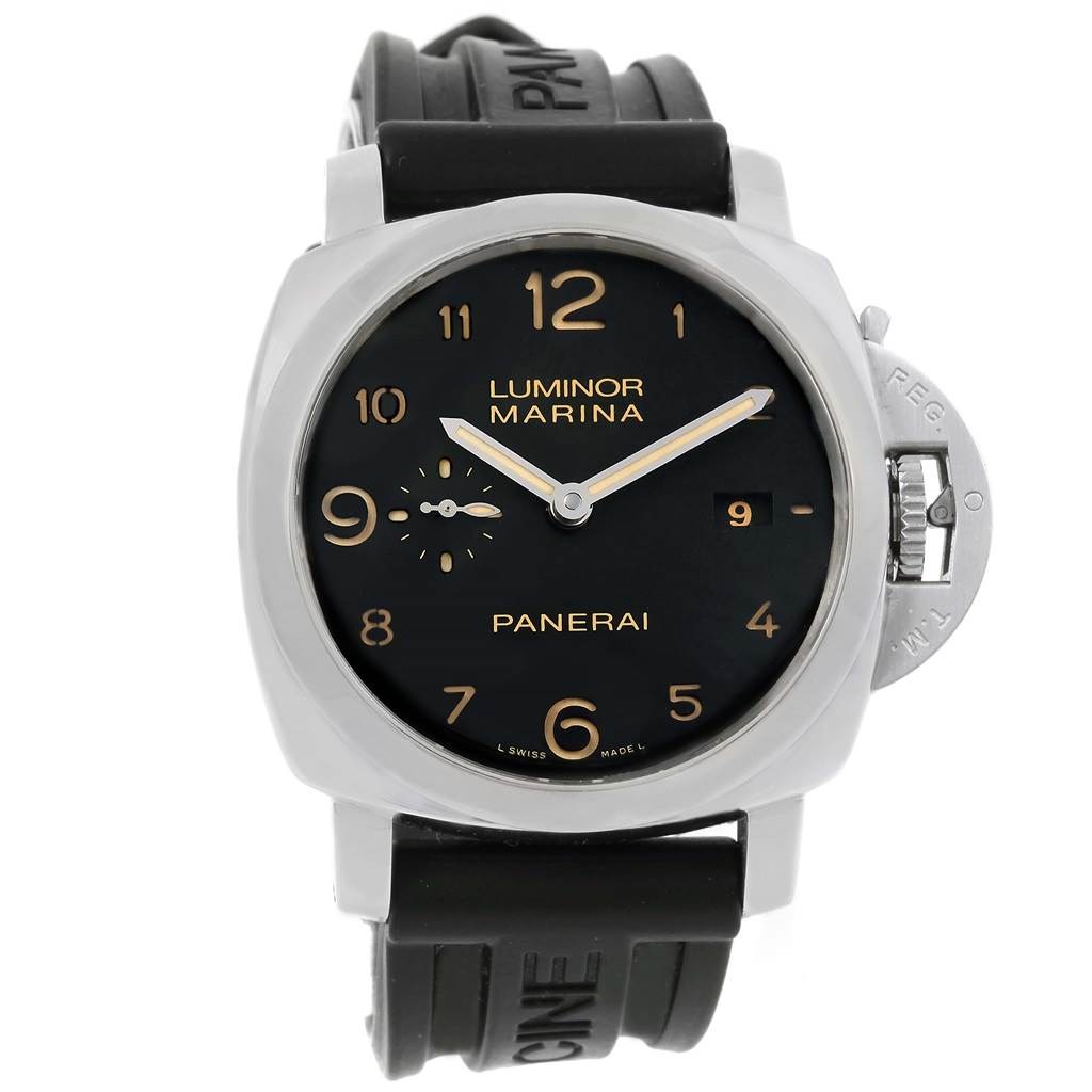 The image shows a front view of a Panerai Luminor PAM00359 Men
s Stainless Steel Black Dial PAM00359 Men
s Stainless Steel Black Dial Marina watch, displaying the face, strap, and crown guard.