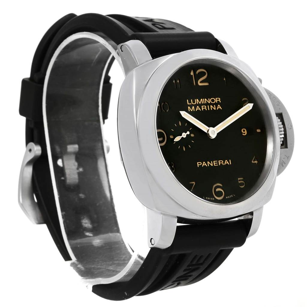 This image shows a Panerai Luminor PAM00359 Men
s Stainless Steel Black Dial PAM00359 Men
s Stainless Steel Black Dial watch from a front-left angle, displaying the face, strap, and part of the crown guard.
