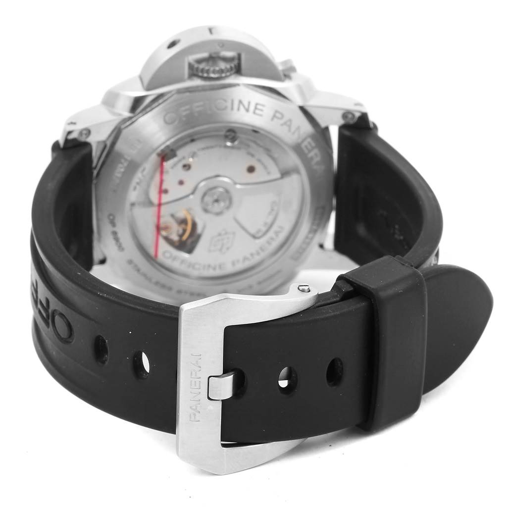 The image shows the back view of a Panerai Luminor PAM00359 Men
s Stainless Steel Black Dial PAM00359 Men
s Stainless Steel Black Dial watch, highlighting its movement and black rubber strap with the buckle.