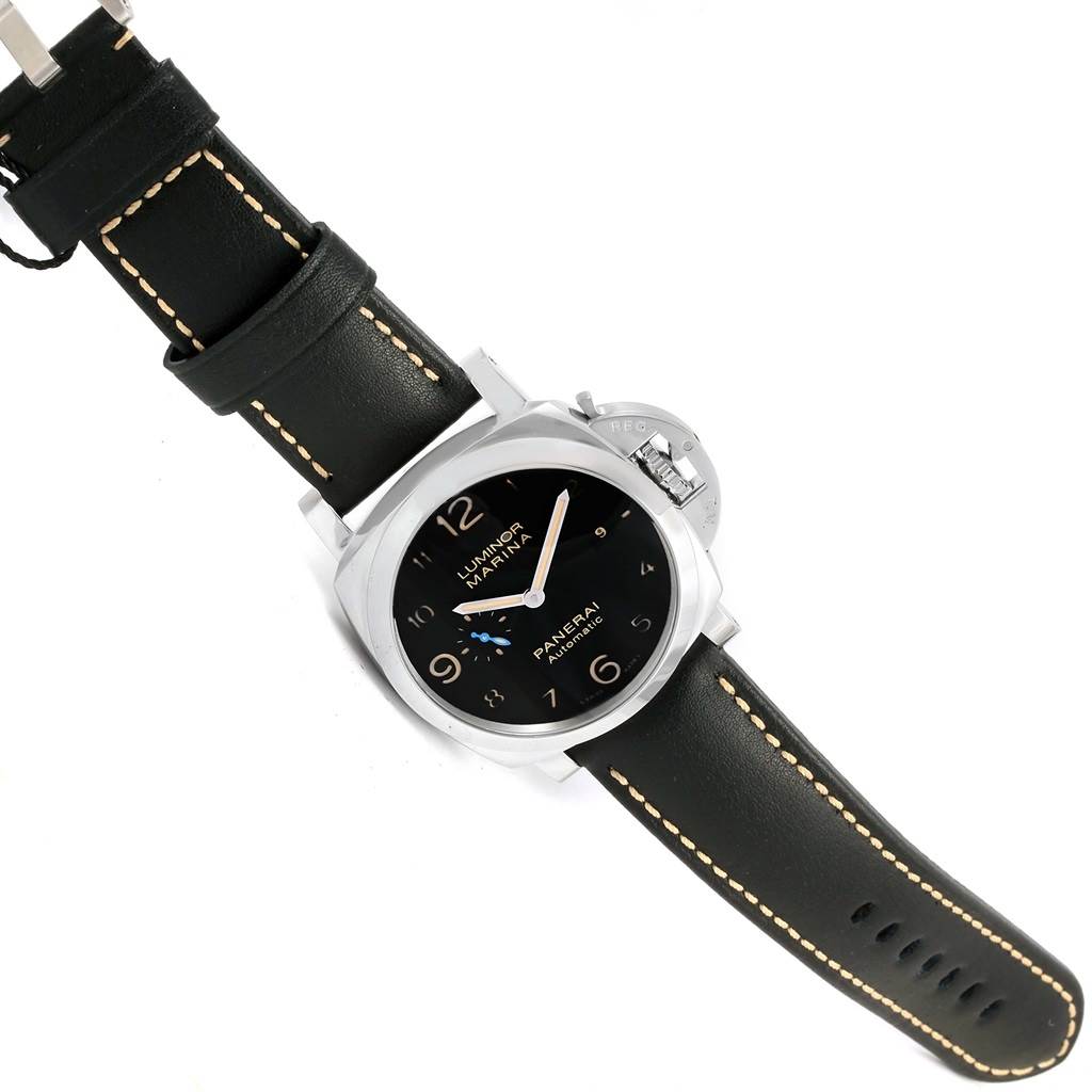 The image shows a Panerai Luminor PAM01359 Men
s Stainless Steel Black Dial PAM01359 Men
s Stainless Steel Black Dial watch, highlighting its black dial, leather strap, and distinctive crown guard.