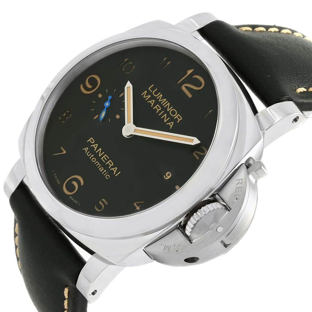 The Panerai Luminor PAM01359 Men
s Stainless Steel Black Dial PAM01359 Men
s Stainless Steel Black Dial watch is shown at an angle, highlighting its dial, case, crown guard, and leather strap with stitching.