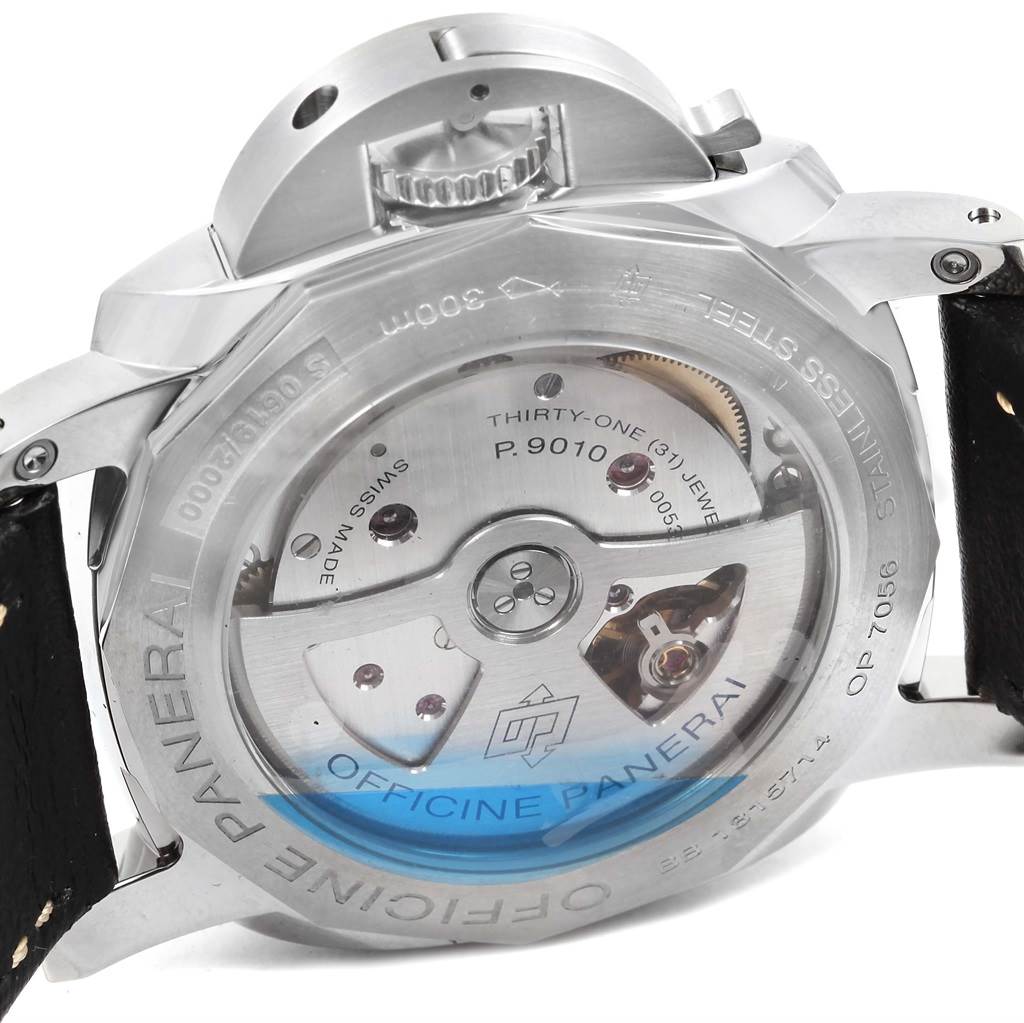 The image shows the back view of a Panerai Luminor PAM01359 Men
s Stainless Steel Black Dial PAM01359 Men
s Stainless Steel Black Dial watch, highlighting its movement and caseback details.