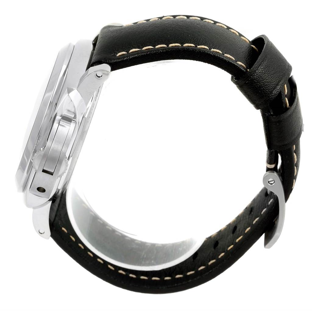 The watch, a Panerai Luminor PAM01359 Men
s Stainless Steel Black Dial PAM01359 Men
s Stainless Steel Black Dial model, is shown from a side angle highlighting its case and black leather strap.