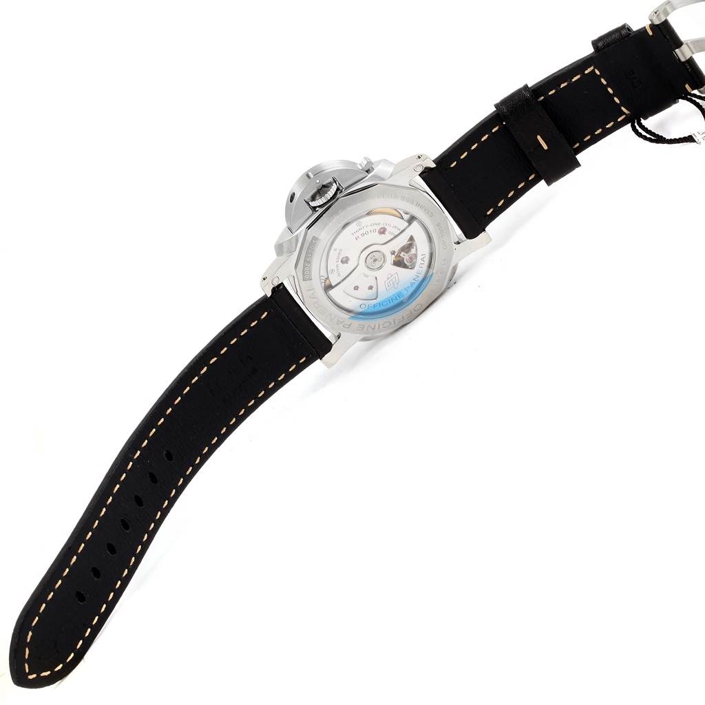 The image shows the back view of a Panerai Luminor PAM01359 Men
s Stainless Steel Black Dial PAM01359 Men
s Stainless Steel Black Dial watch, highlighting the case back and part of the leather strap.