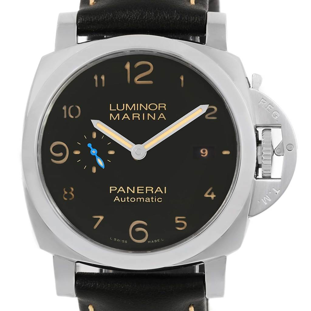 The image shows a front view of the Panerai Luminor PAM01359 Men
s Stainless Steel Black Dial PAM01359 Men
s Stainless Steel Black Dial Marina watch, displaying its dial, hands, and case.