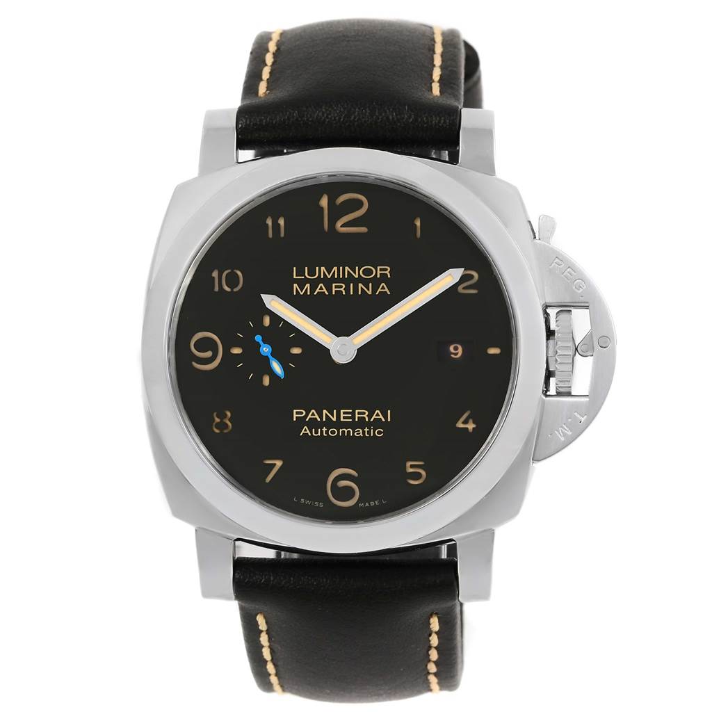 The image shows a front view of a Panerai Luminor PAM01359 Men
s Stainless Steel Black Dial PAM01359 Men
s Stainless Steel Black Dial Marina watch, highlighting its dial, hands, and leather strap.