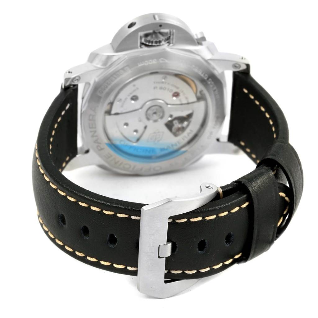 This image shows the back view of a Panerai Luminor PAM01359 Men
s Stainless Steel Black Dial PAM01359 Men
s Stainless Steel Black Dial watch, focusing on the case back, movement, and leather strap with stitching detail.